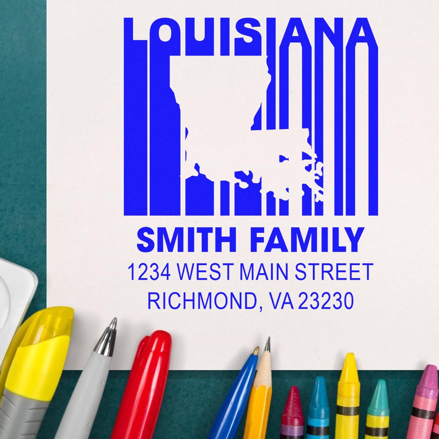 Custom Louisiana family address rubber stamp with state outline, Smith Family, 1234 West Main Street, Richmond, VA 23230