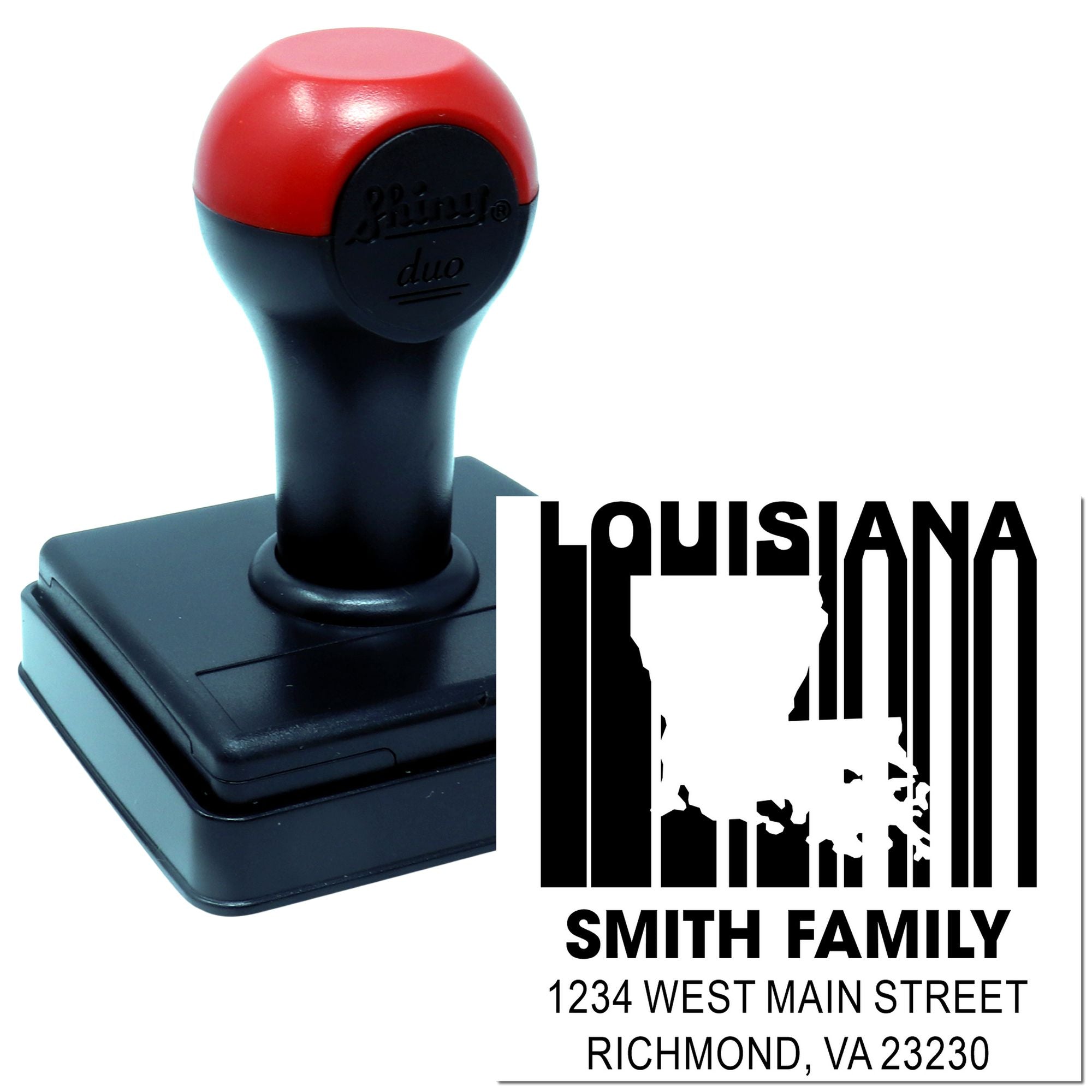 Custom Louisiana self-inking address rubber stamp with family name and return address for personalized mailing.