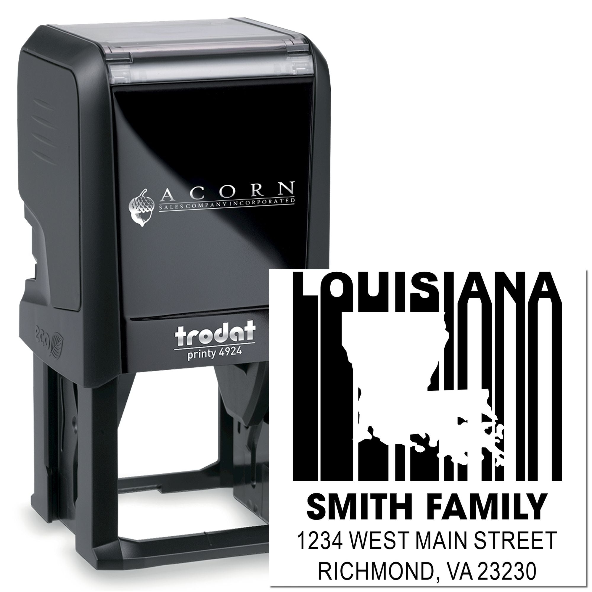 Custom Louisiana self-inking rubber address stamp with family name and address, Trodat Printy 4924 for personalized mailing.
