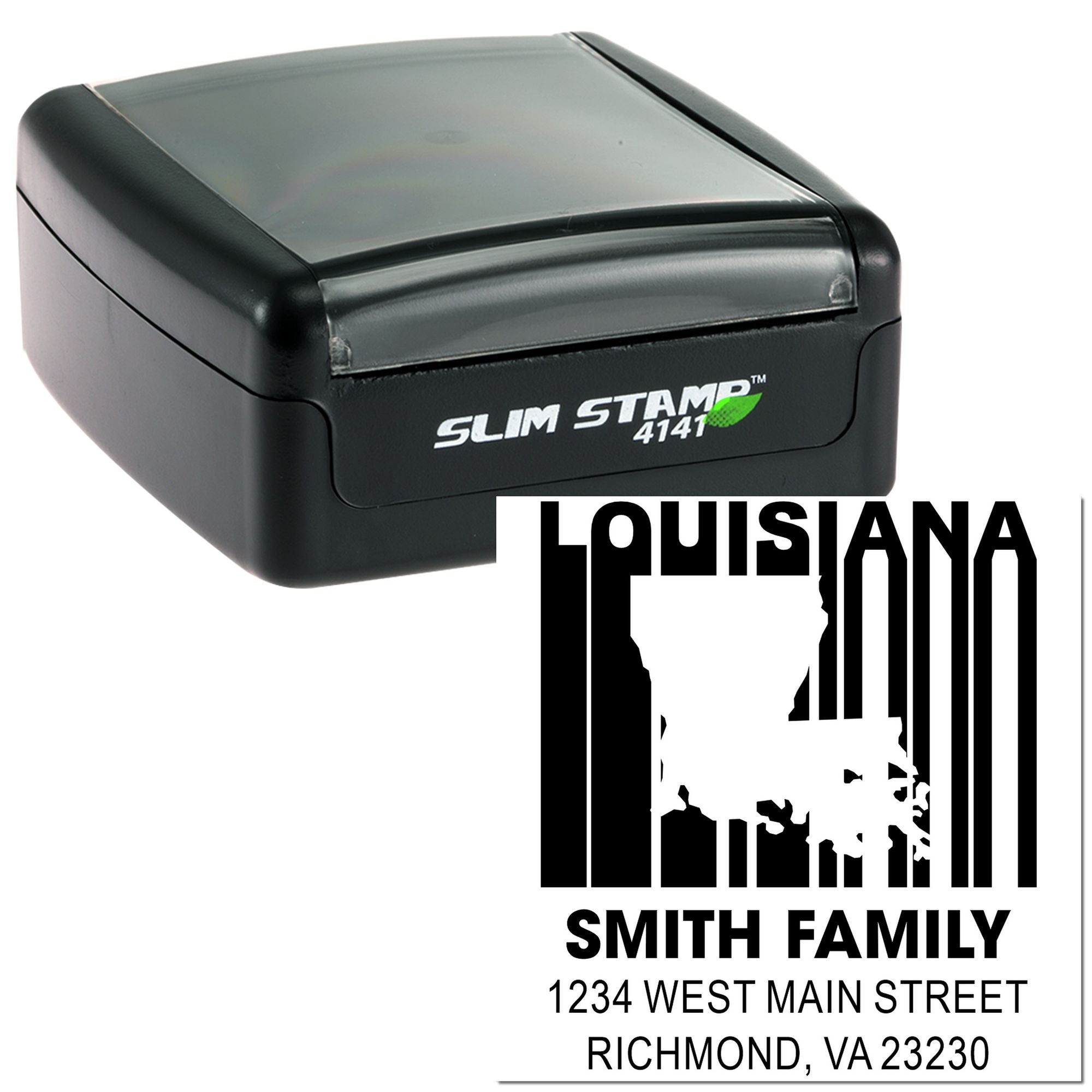Custom self-inking rubber address stamp with Louisiana design, Smith family name, and Richmond, VA mailing address.