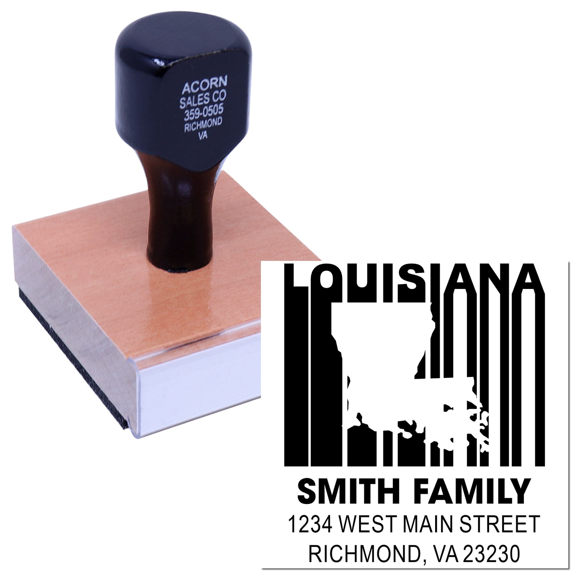 Custom Louisiana family address rubber stamp with state silhouette and Richmond, VA return address