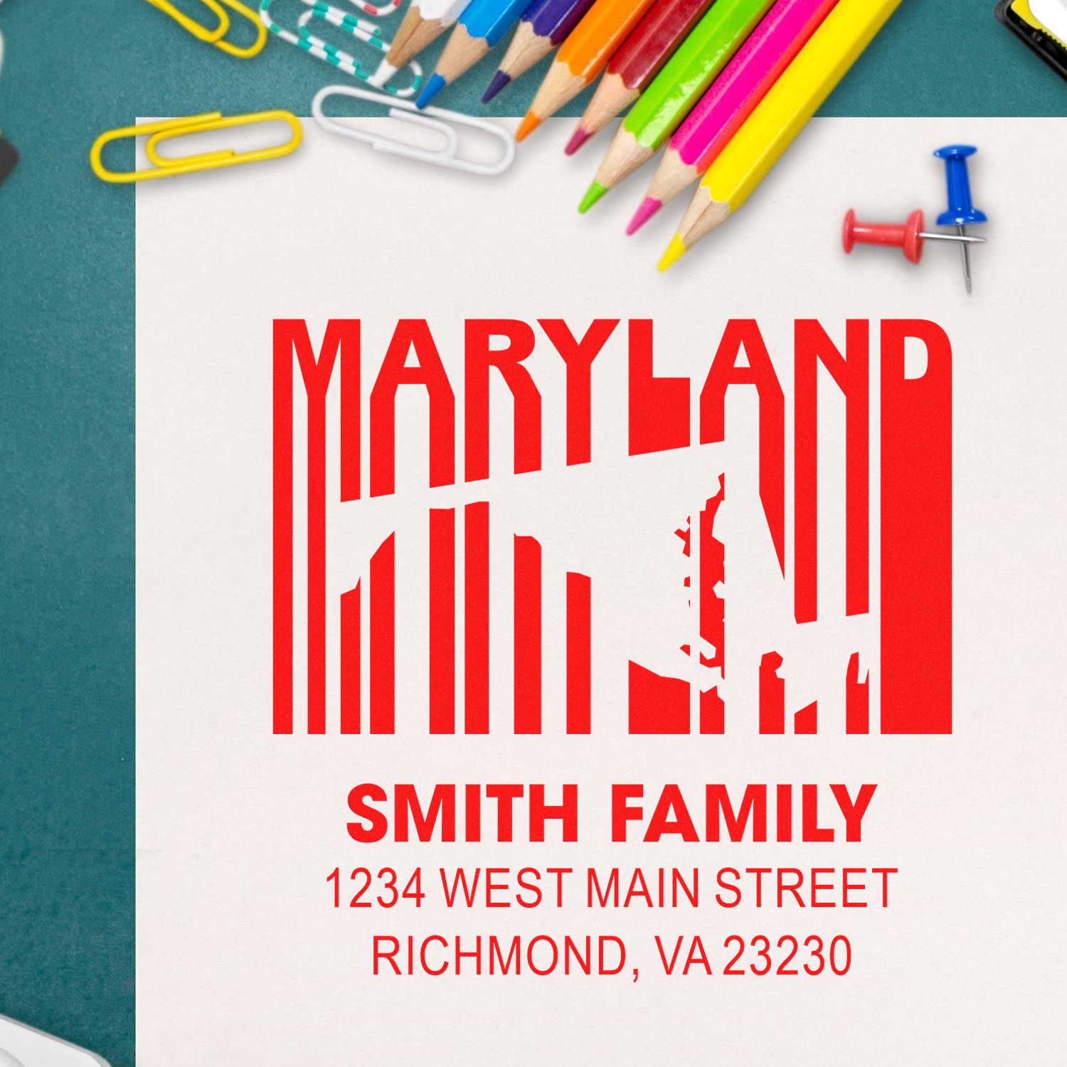 Custom Maryland address rubber stamp with state outline, Smith Family name, and Richmond, VA return address.