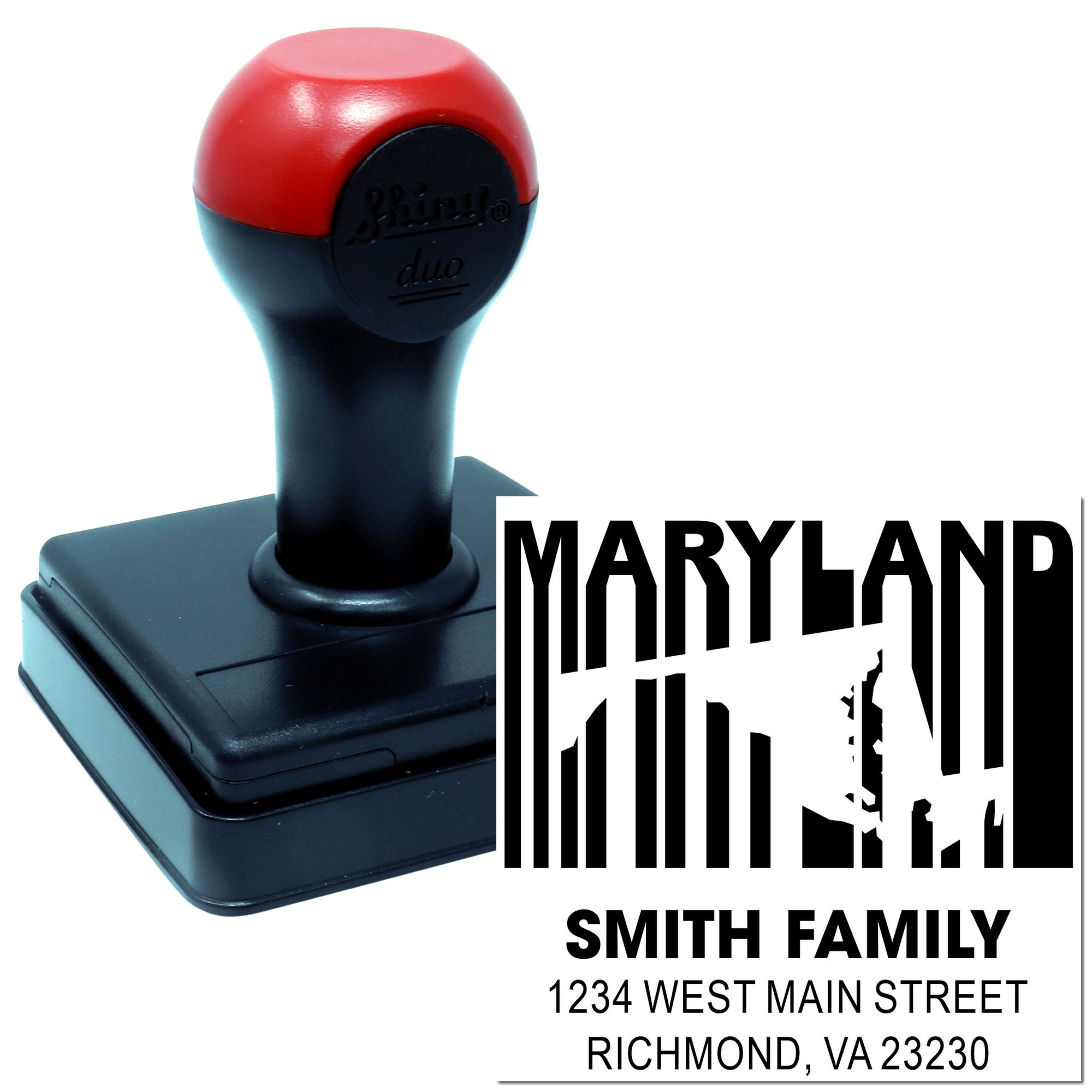Custom self-inking return address rubber stamp with Maryland design and Smith Family address imprint.