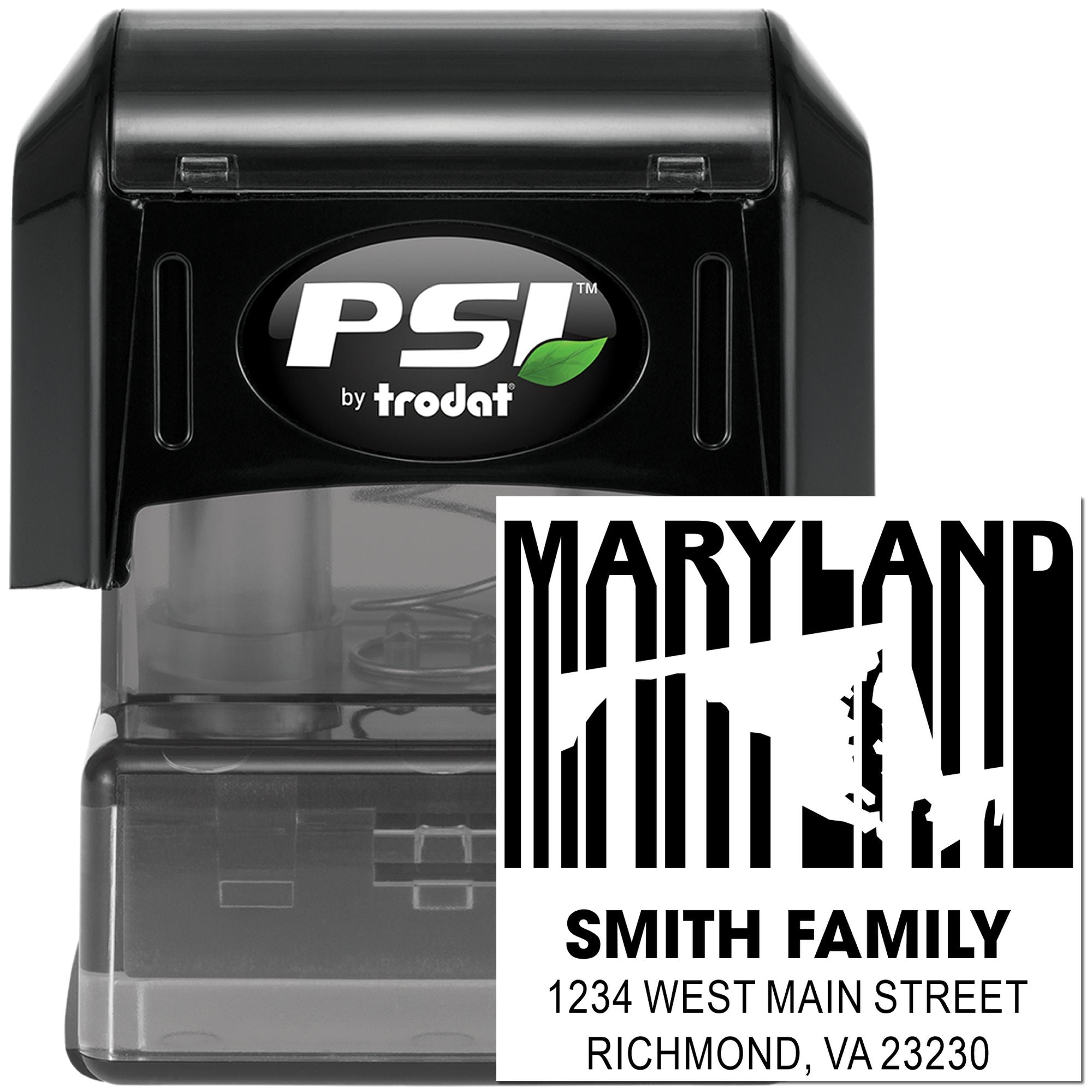 Custom self-inking rubber address stamp by PSI by Trodat for Maryland, featuring Smith Family, Richmond, VA 23230.