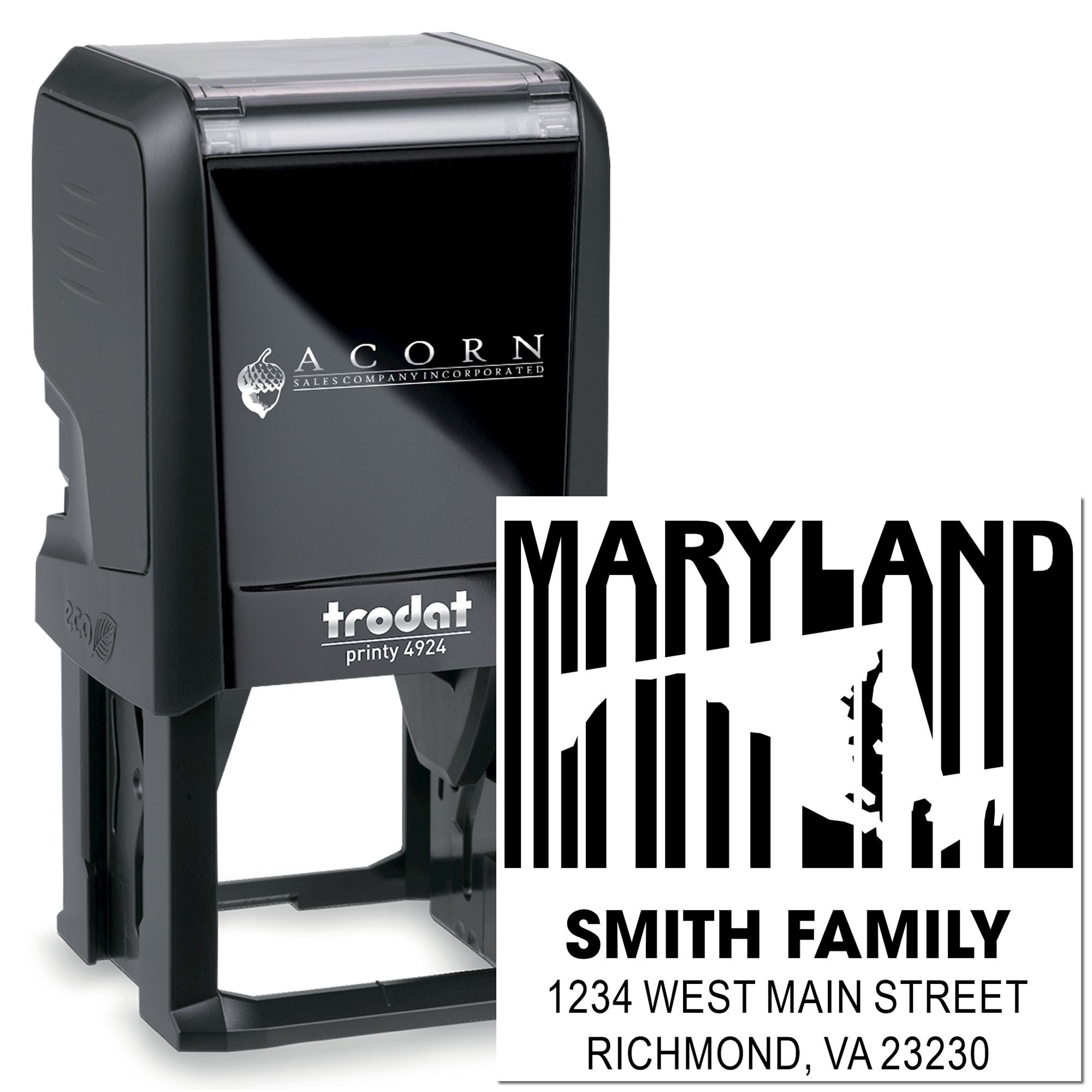 Custom self-inking rubber address stamp with Maryland family design and Richmond, VA return address.
