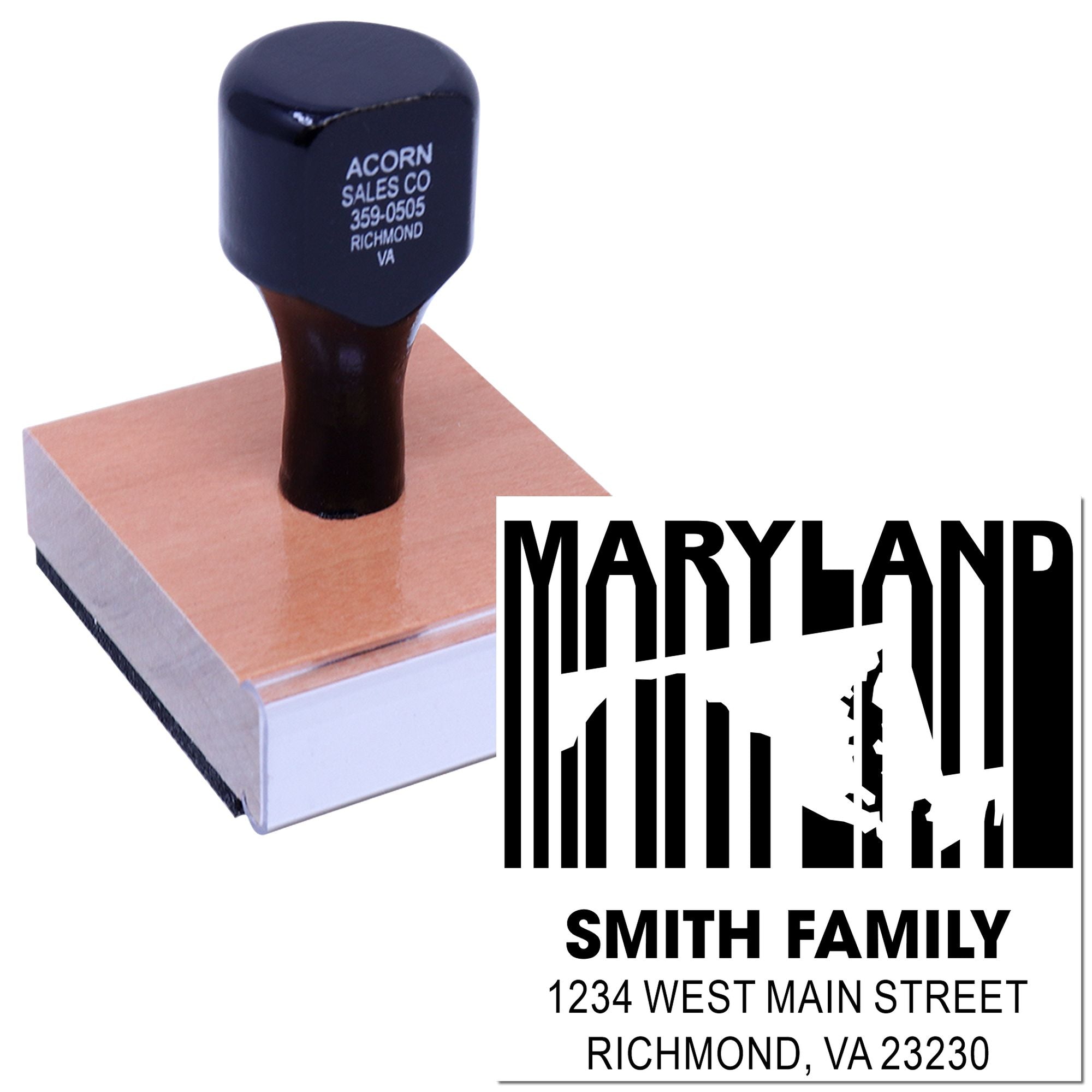 Custom family address rubber stamp with Maryland design, Smith family name, and Richmond, VA return address.