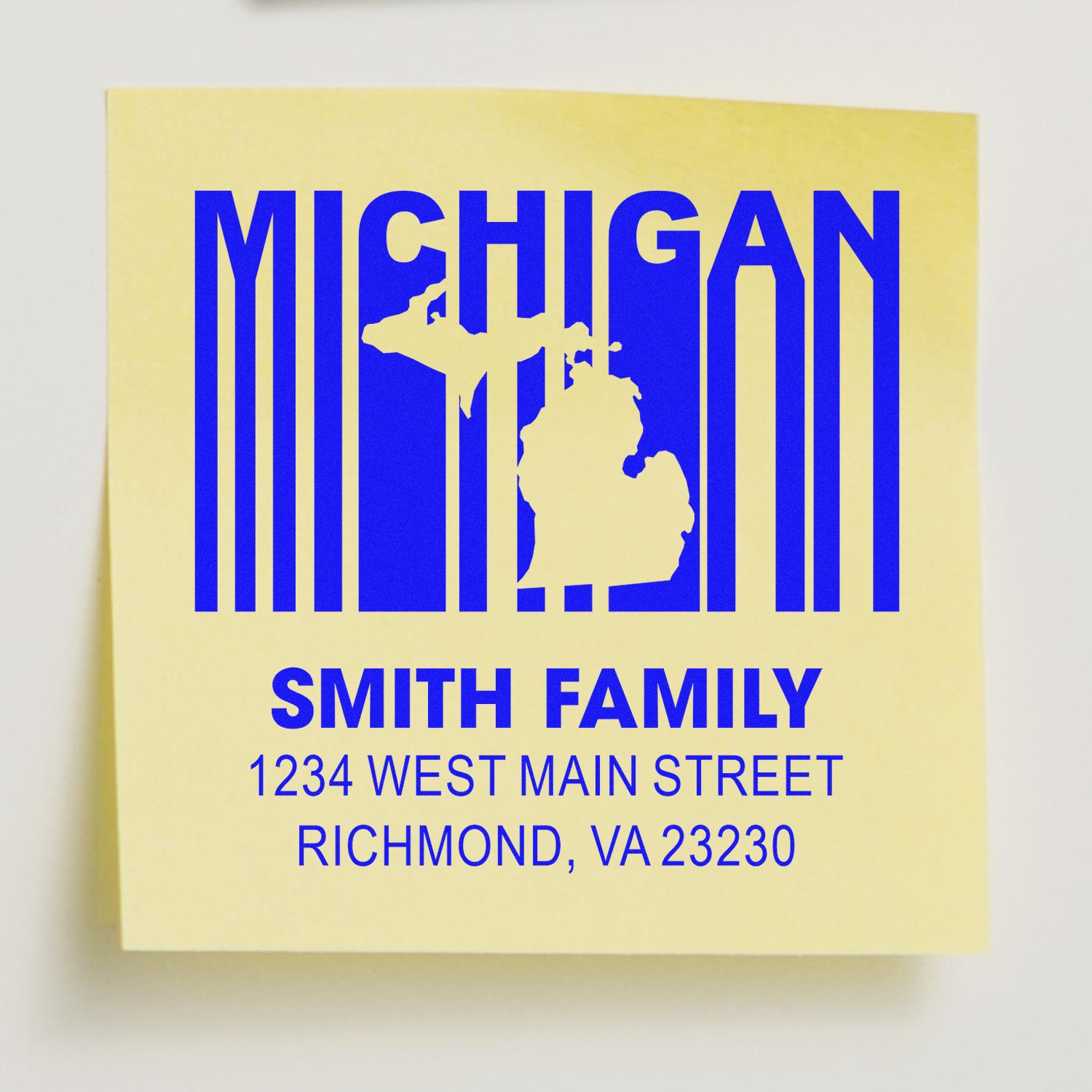 Custom Michigan return address rubber stamp for Smith Family, Richmond, VA 23230 with state outline design