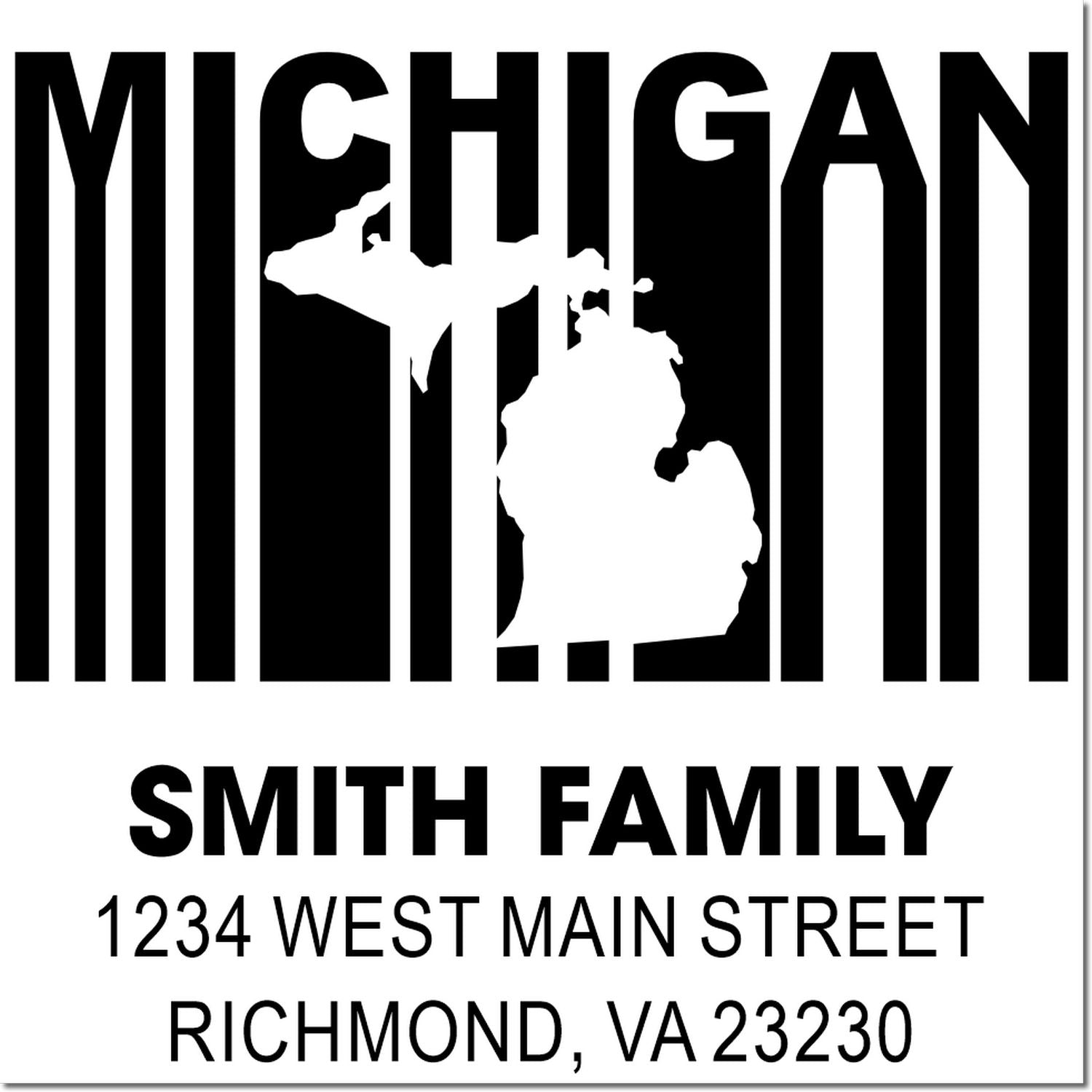 Custom Michigan return address rubber stamp with state outline, Smith Family, 1234 West Main Street, Richmond, VA 23230