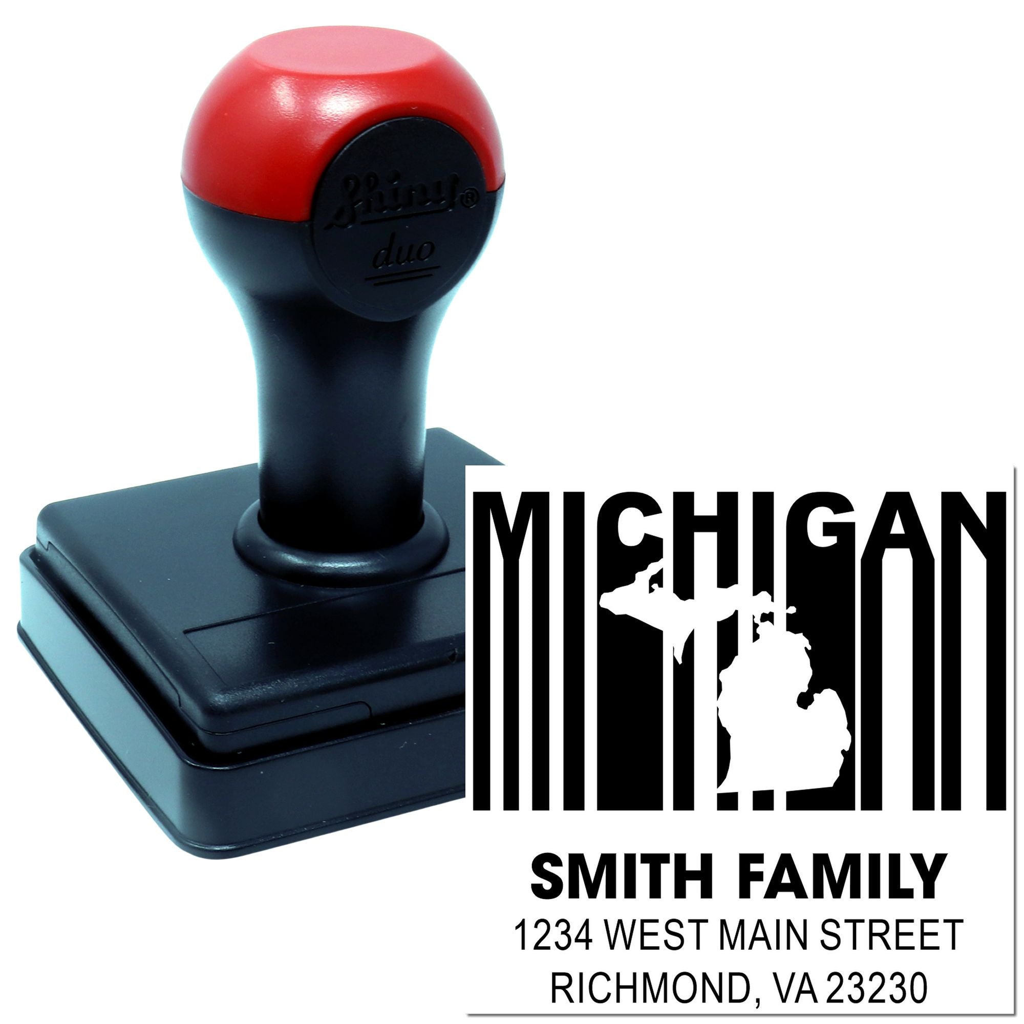 Custom Michigan self-inking address rubber stamp for family mailings, featuring state silhouette and return address.