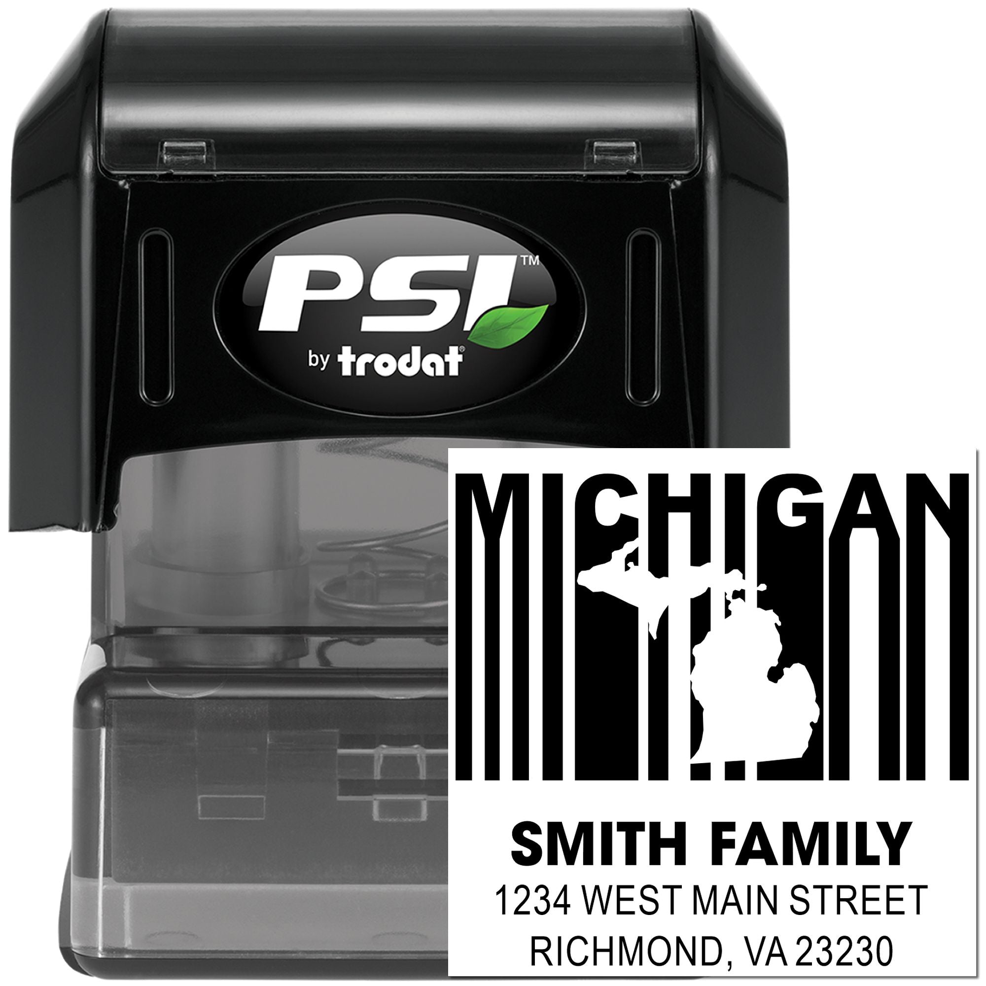 PSI by Trodat self-inking rubber stamp with custom Michigan family address design and return address imprint.