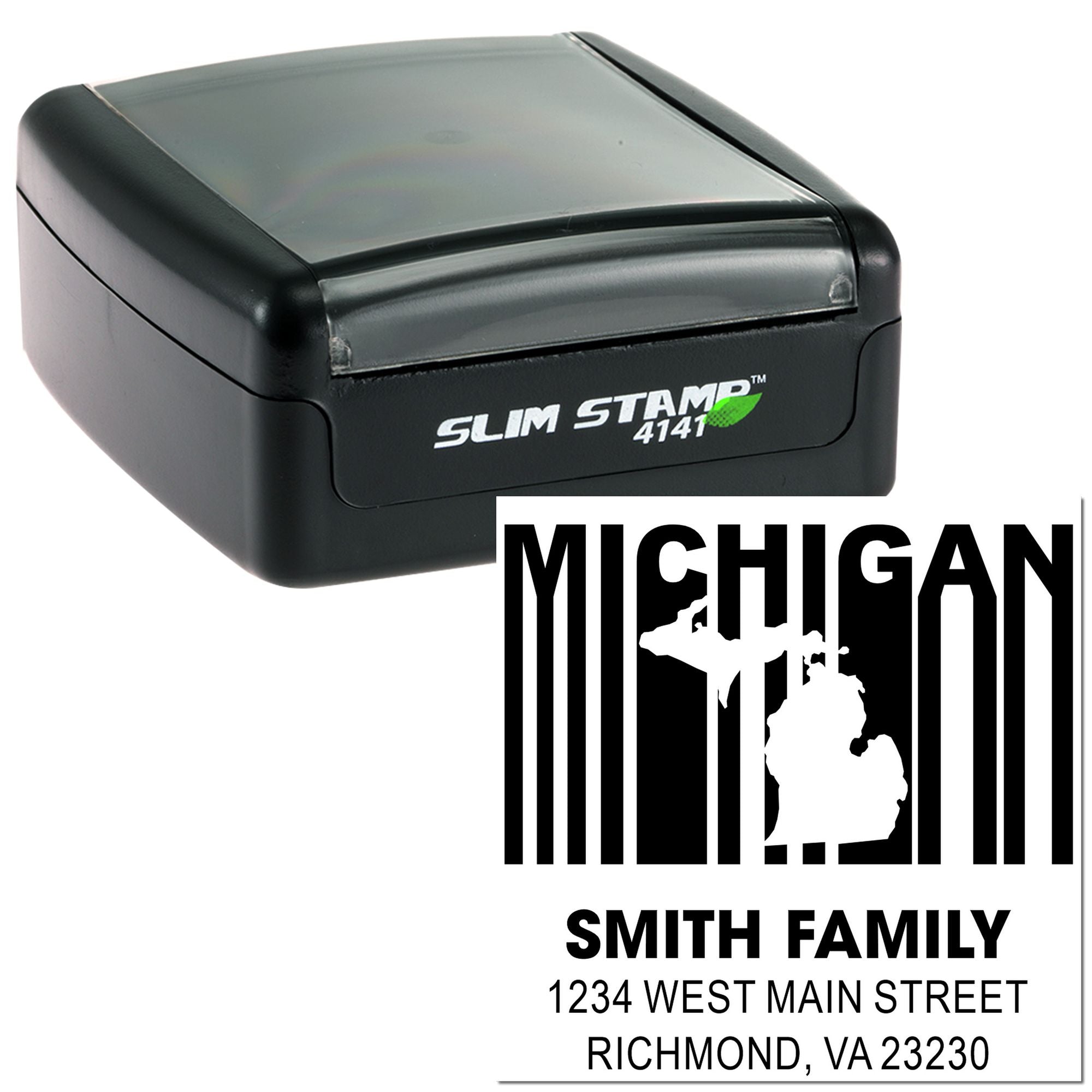 Custom Michigan self-inking rubber stamp with Smith Family address and state silhouette design for mailing and return addresses.