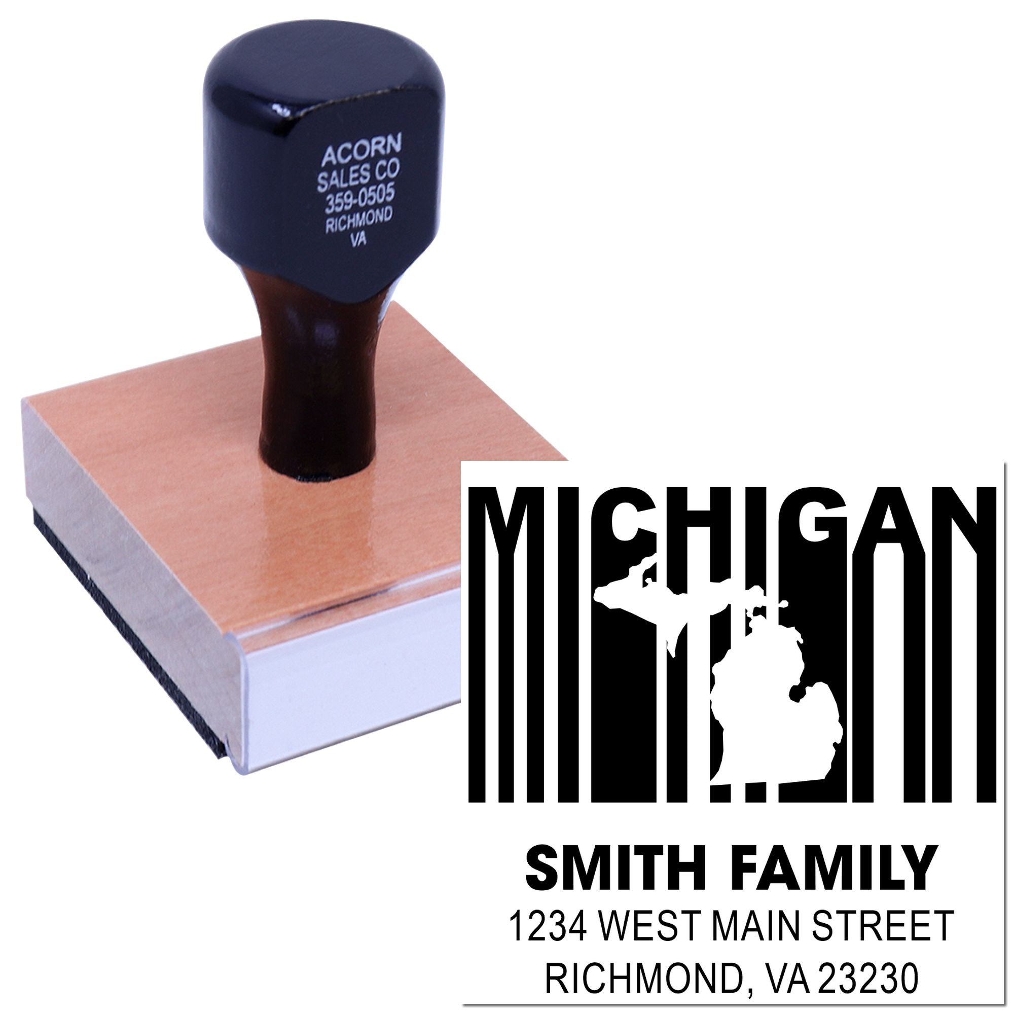 Custom Michigan return address rubber stamp for the Smith family with state outline and Richmond, VA address.