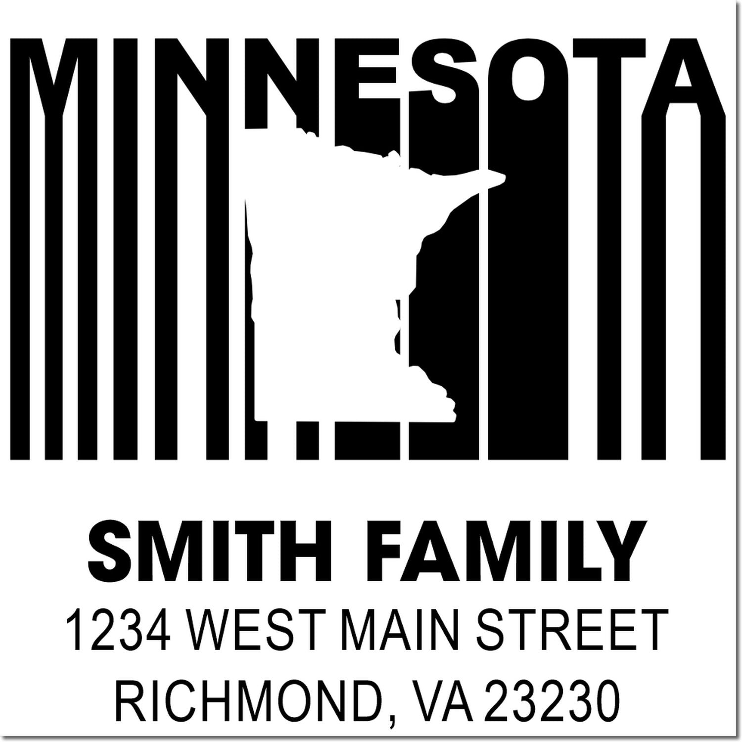 Personalized Minnesota family address rubber stamp with state outline, Smith Family, 1234 West Main Street, Richmond, VA 23230