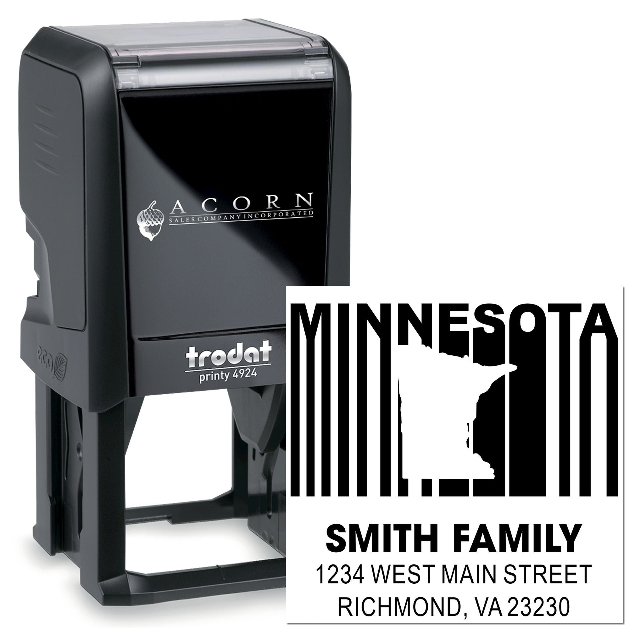 Custom self-inking rubber address stamp with Minnesota return address design for Smith family mailings.