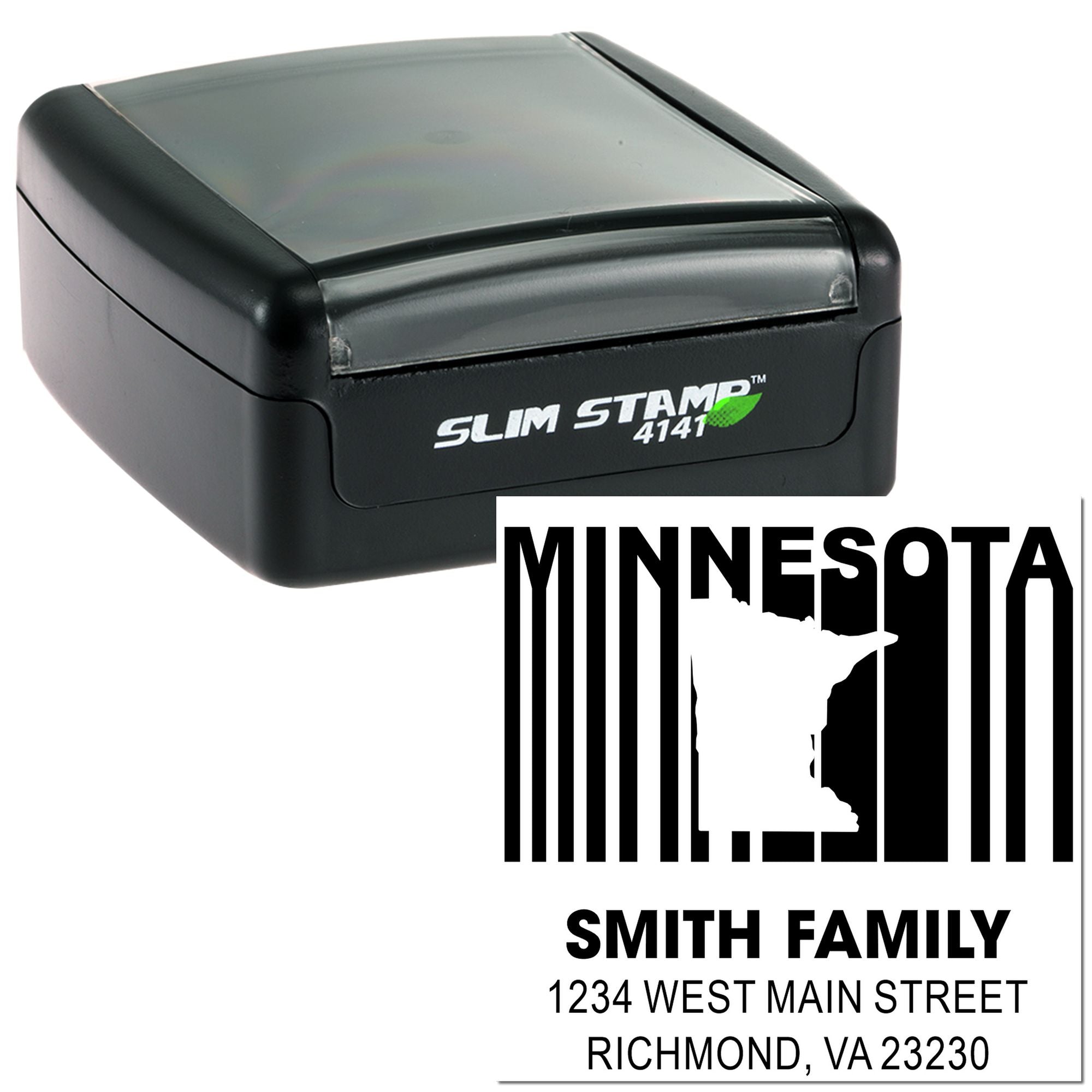 Self-inking rubber address stamp with Minnesota design, Slim Stamp 4141, for Smith Family return address use.