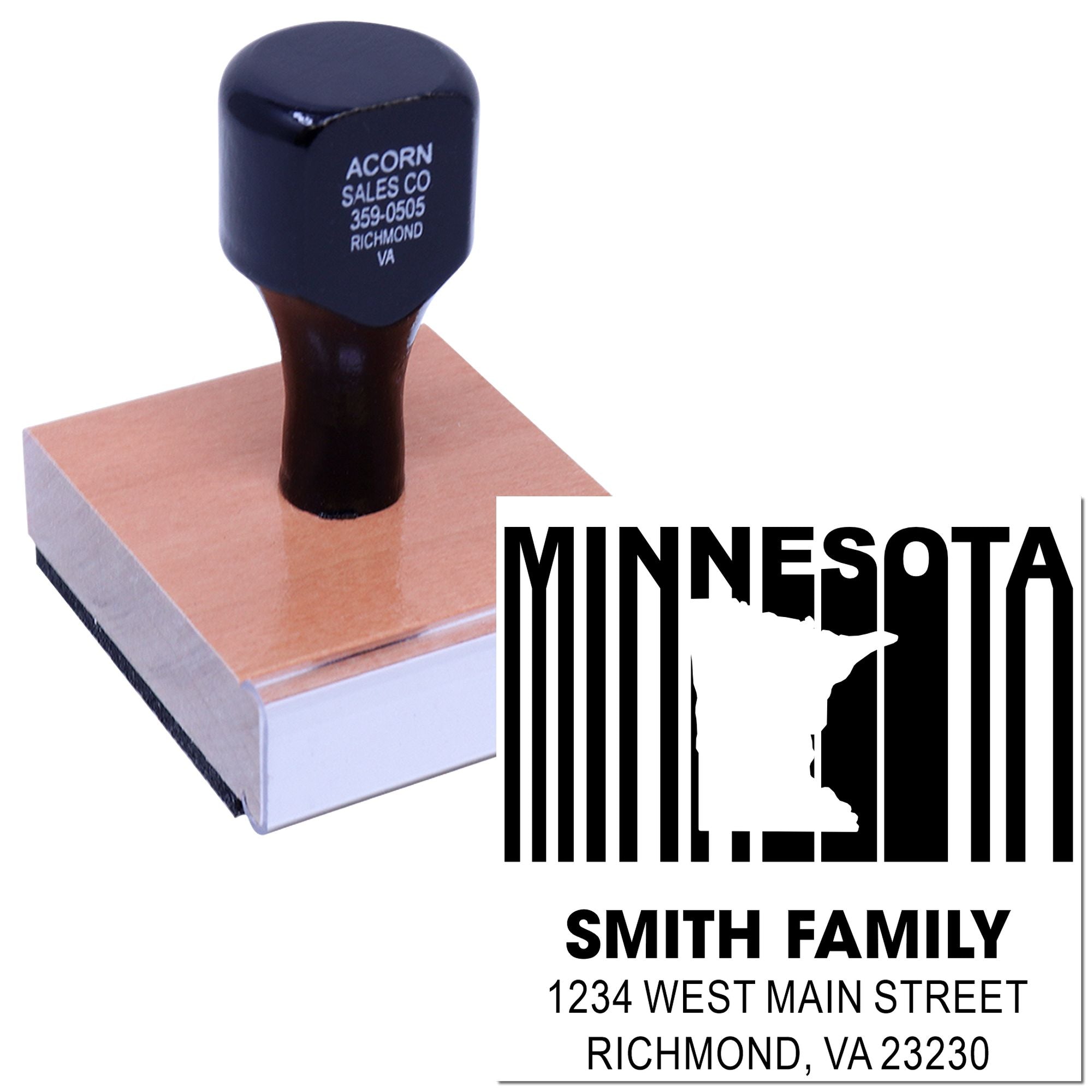 Custom Minnesota return address rubber stamp for Smith family with state outline and Richmond, VA address.