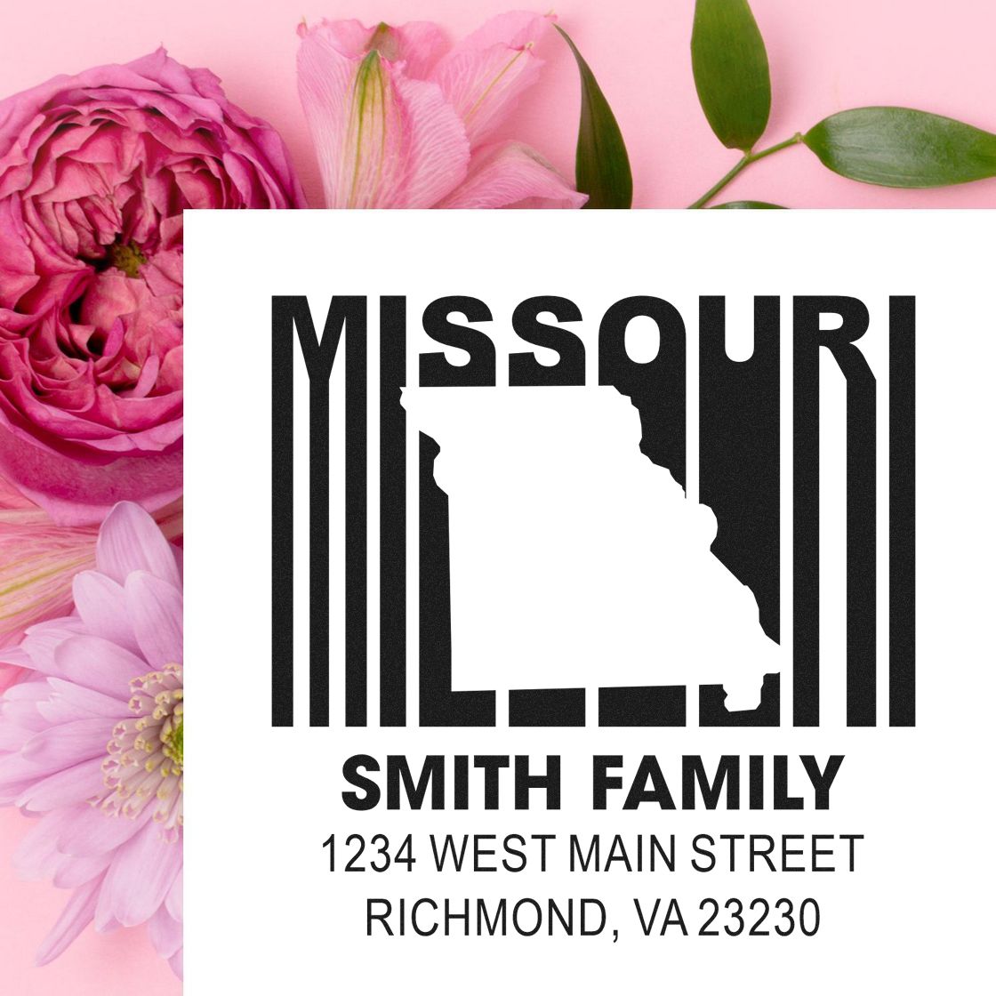 Custom Missouri return address rubber stamp with state outline, Smith Family, and Richmond, VA 23230 address.
