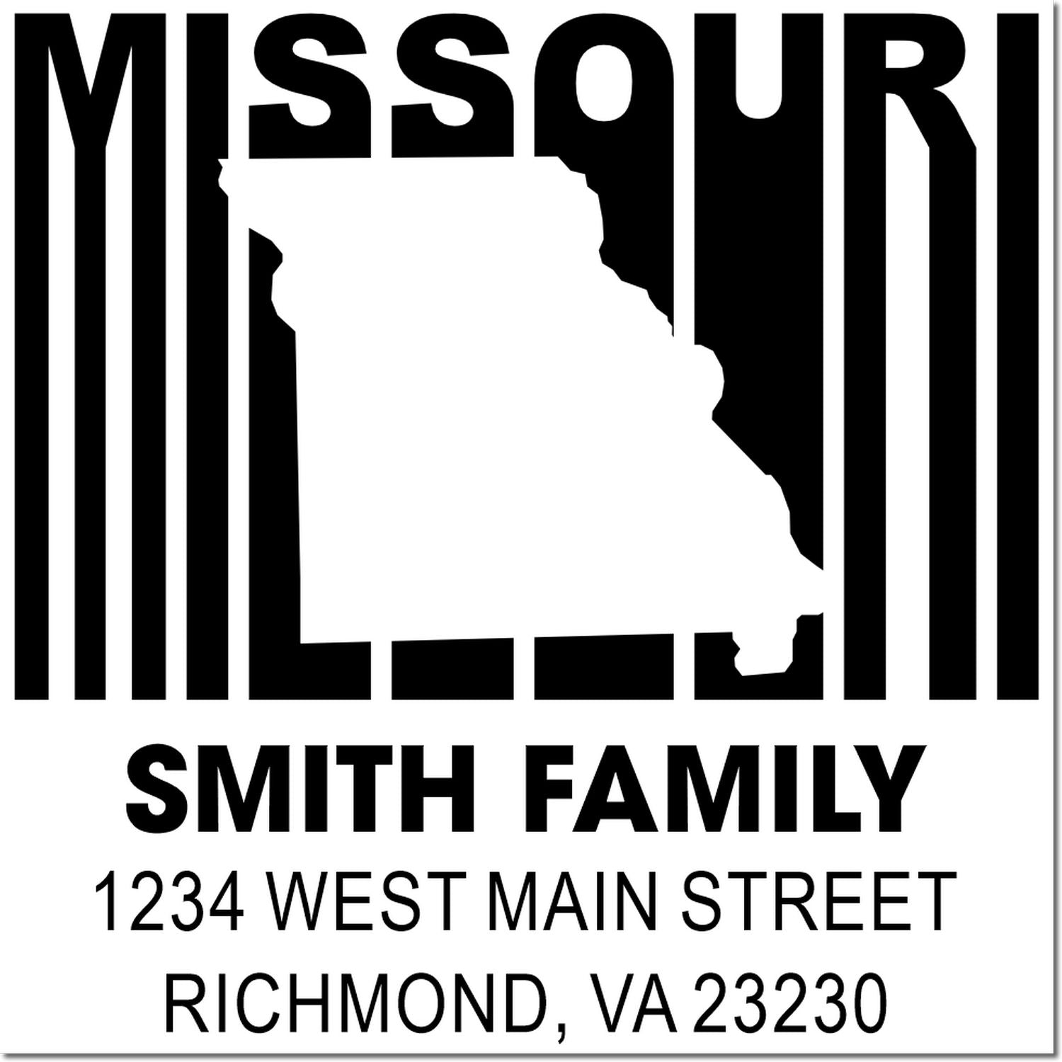 Custom Missouri family address rubber stamp with state silhouette, Smith Family, 1234 West Main Street, Richmond, VA 23230
