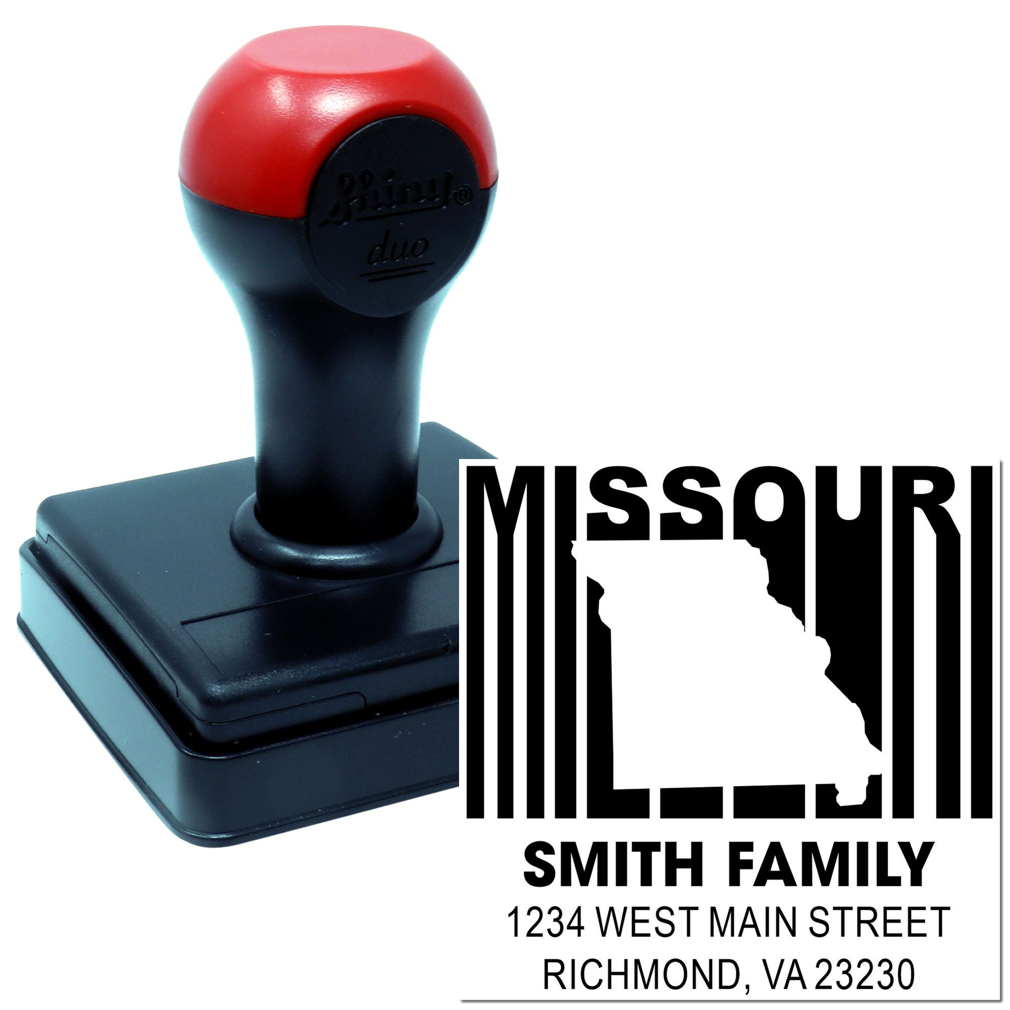 Custom Missouri self-inking address rubber stamp for Smith family, featuring state outline and return mailing address.