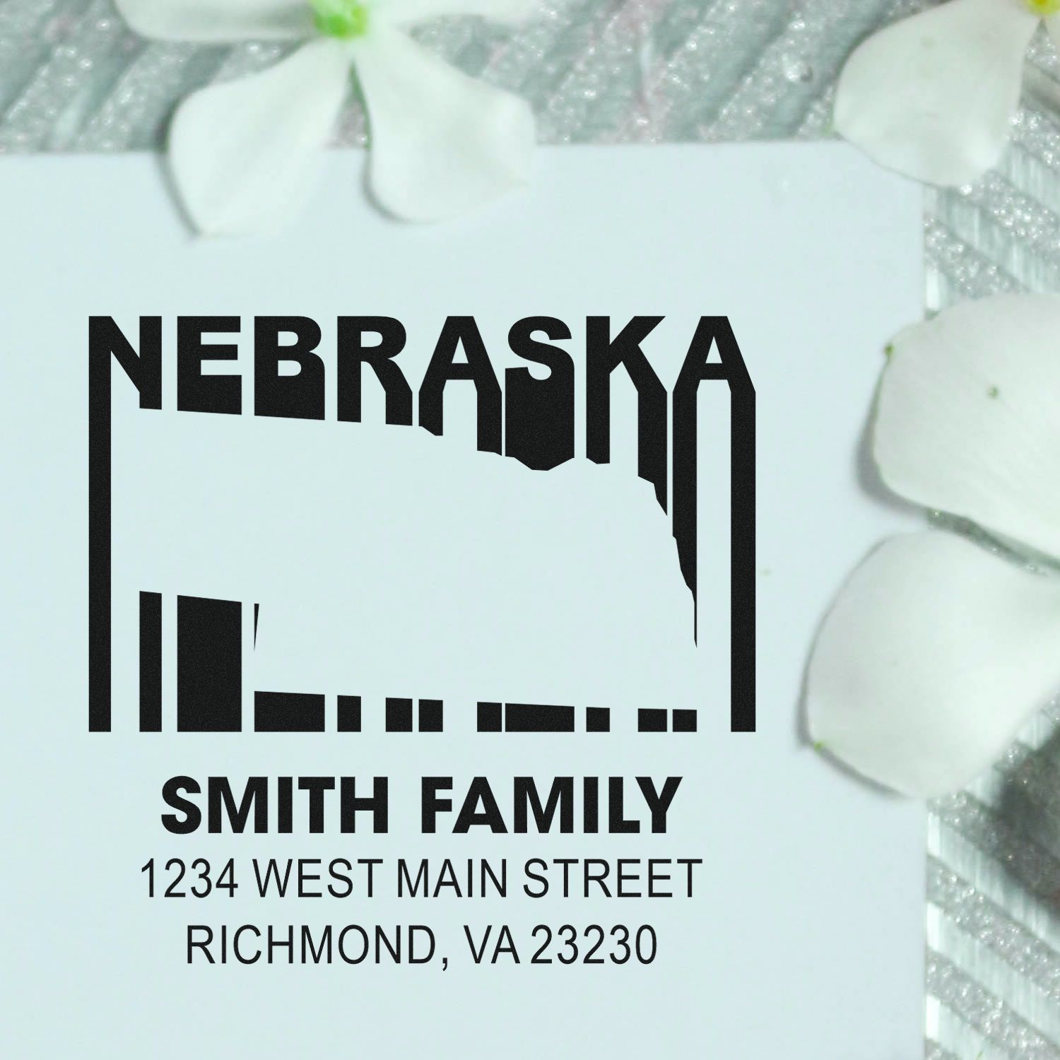 Custom Nebraska return address rubber stamp with Smith Family name, state outline, and Richmond, VA address.