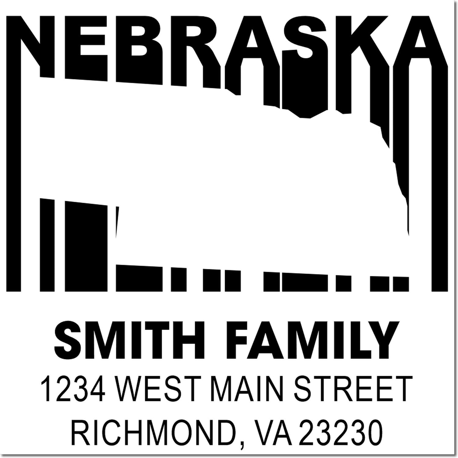 Custom Nebraska state outline return address rubber stamp for Smith Family, 1234 West Main Street, Richmond, VA 23230