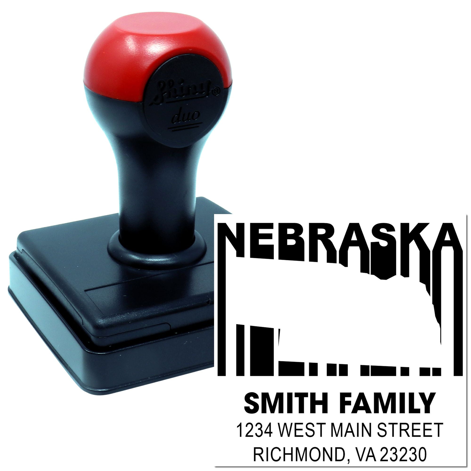 Custom self-inking rubber stamp with Nebraska design and Smith family address for personalized mailing and return address use.