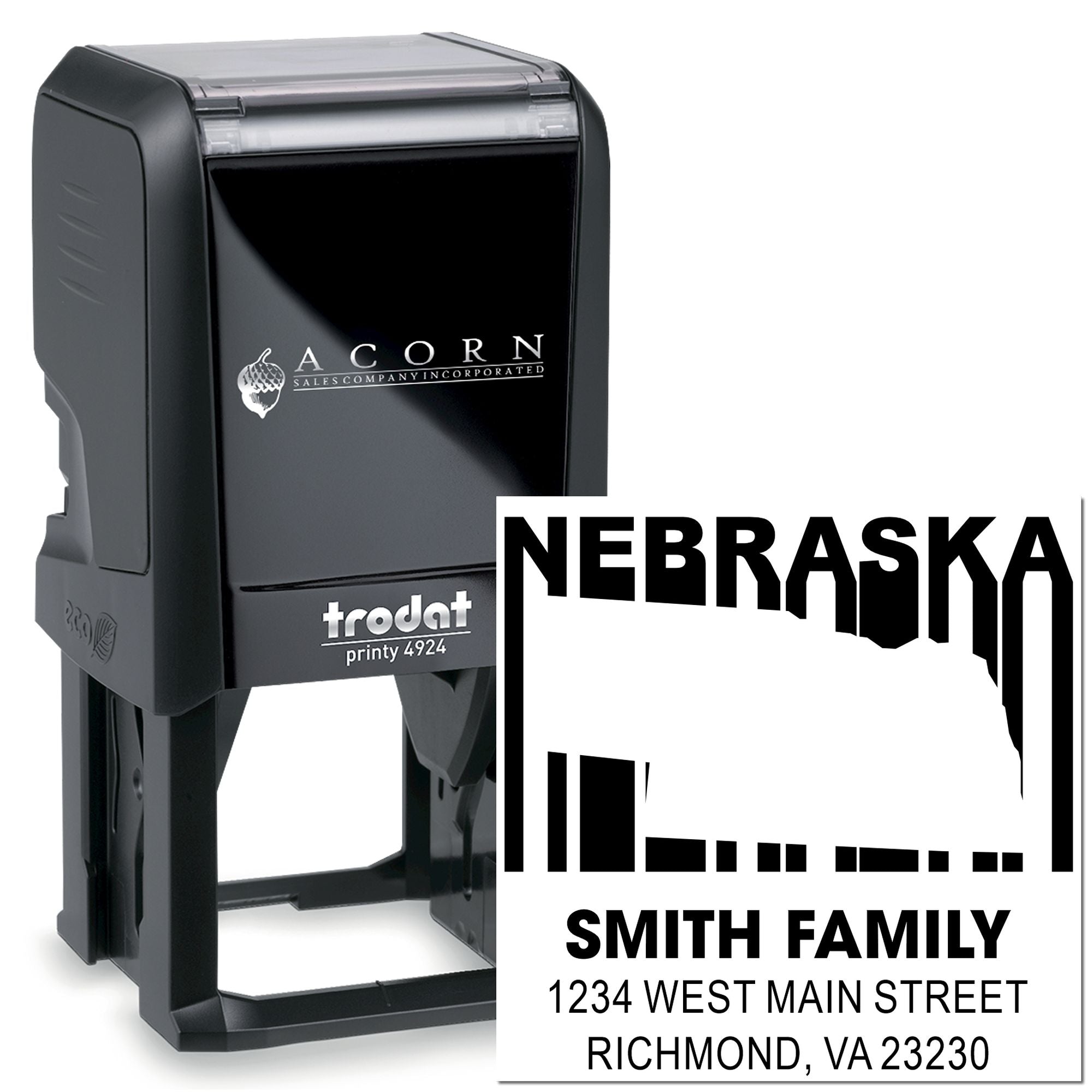 Custom Nebraska address rubber stamp with Smith Family name and self-inking Trodat stamp