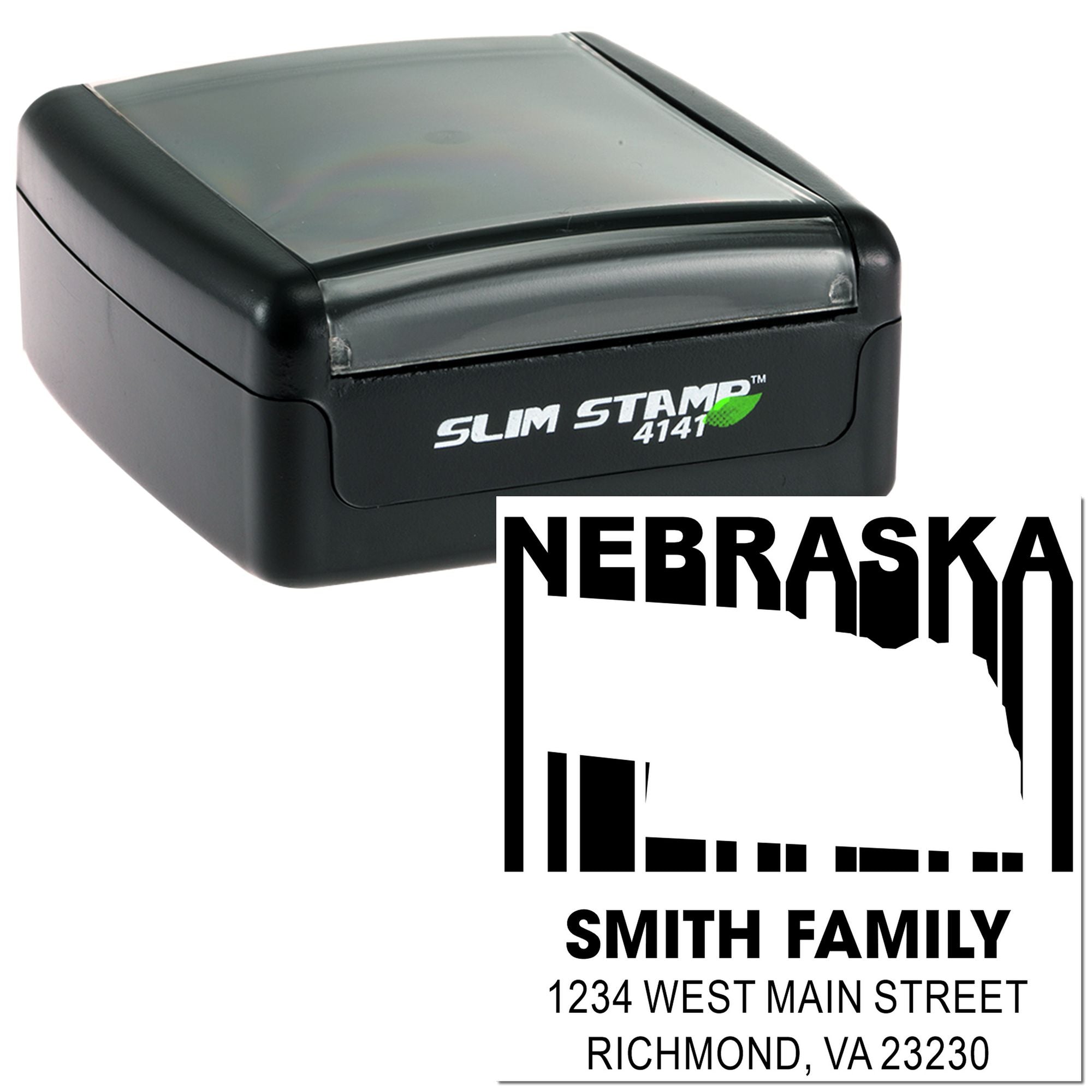 Custom self-inking rubber address stamp with Nebraska state design for Smith Family, 1234 West Main Street, Richmond, VA 23230.