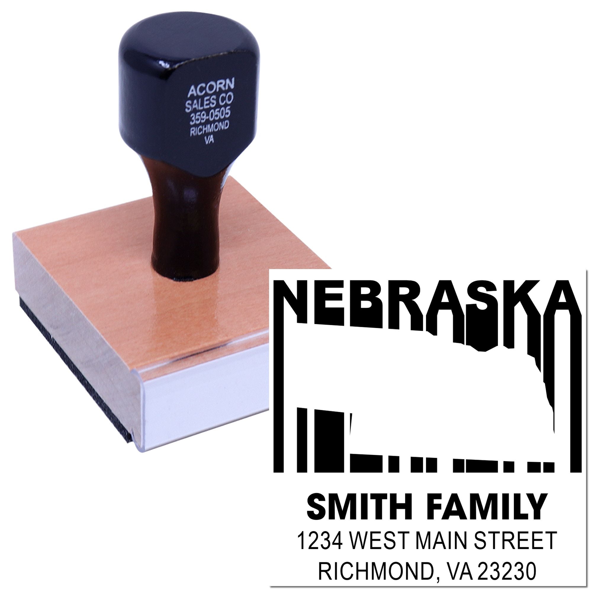 Custom Nebraska address rubber stamp for Smith Family, featuring state outline and return address for mailing and branding.