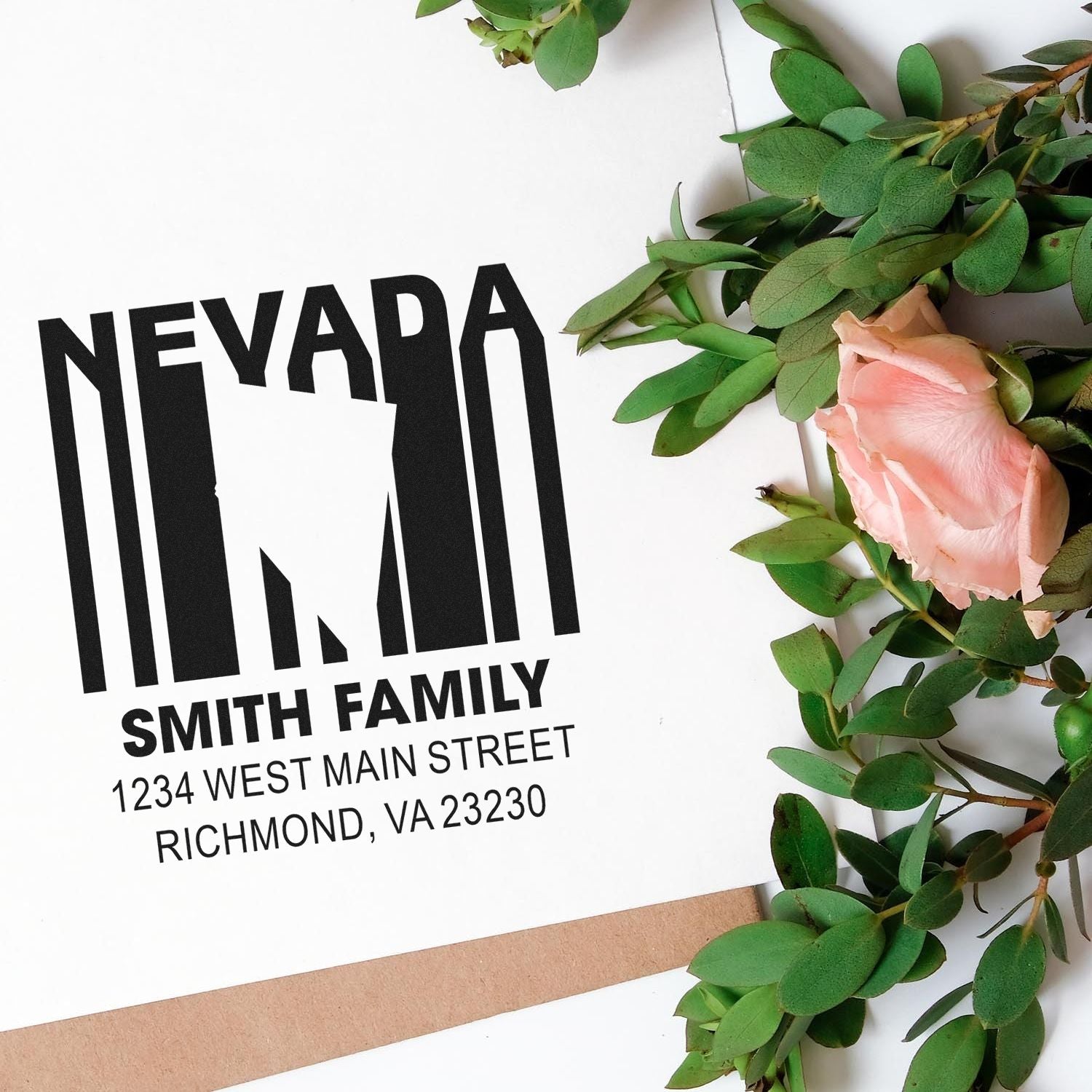 Custom Smith family return address rubber stamp with modern Nevada monogram, Richmond VA address, and floral styling.