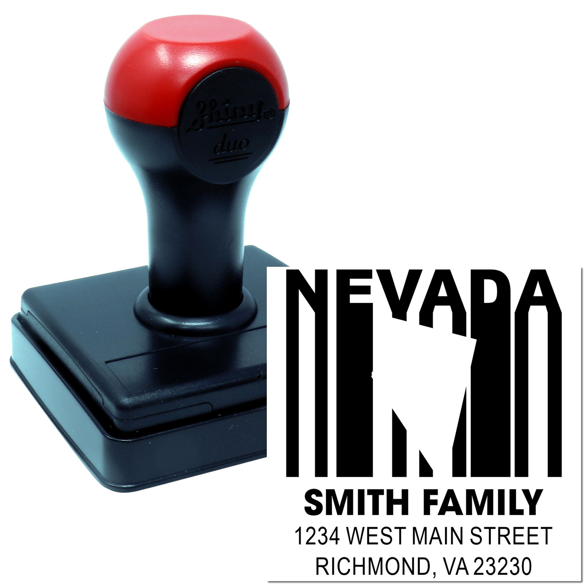 Custom self-inking Nevada return address rubber stamp for Smith Family, with name and home address.