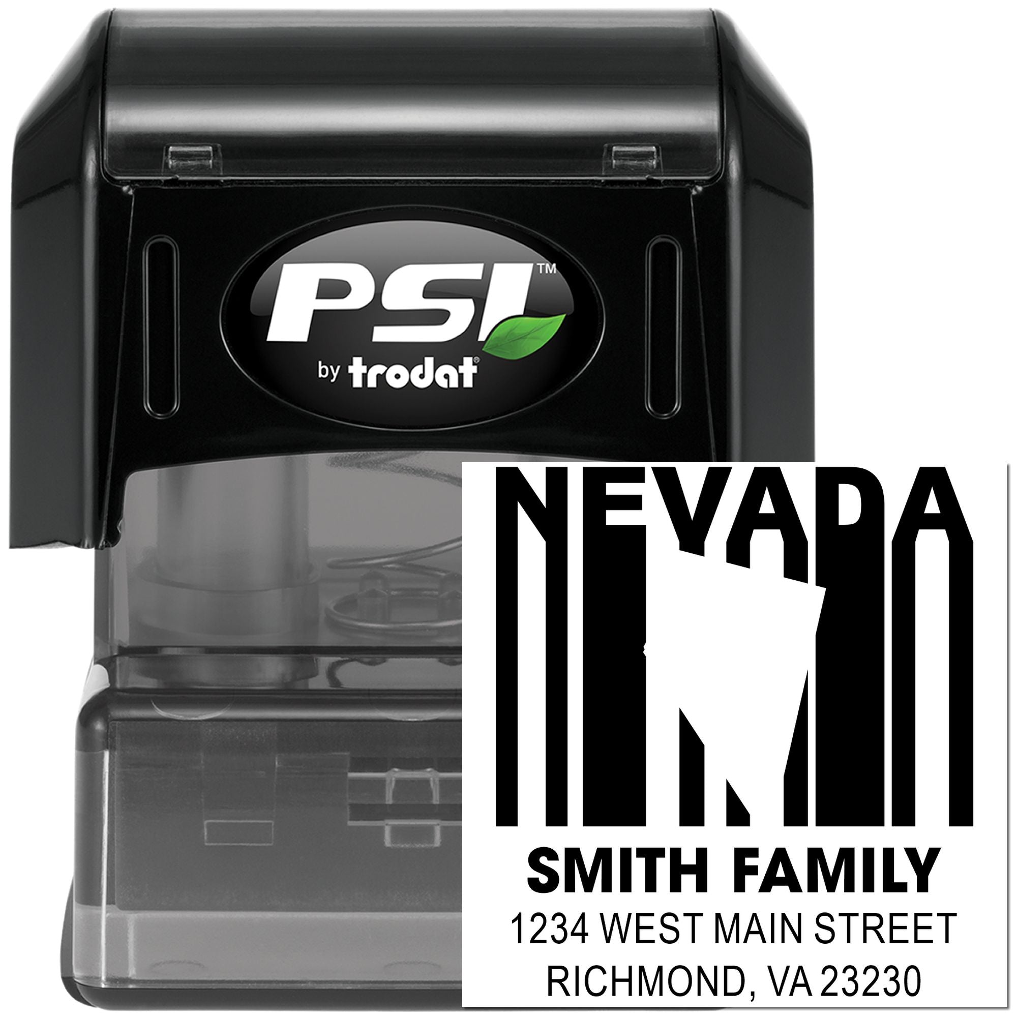 PSI by Trodat self-inking rubber stamp with custom Nevada Smith family address design for personalized mailing.