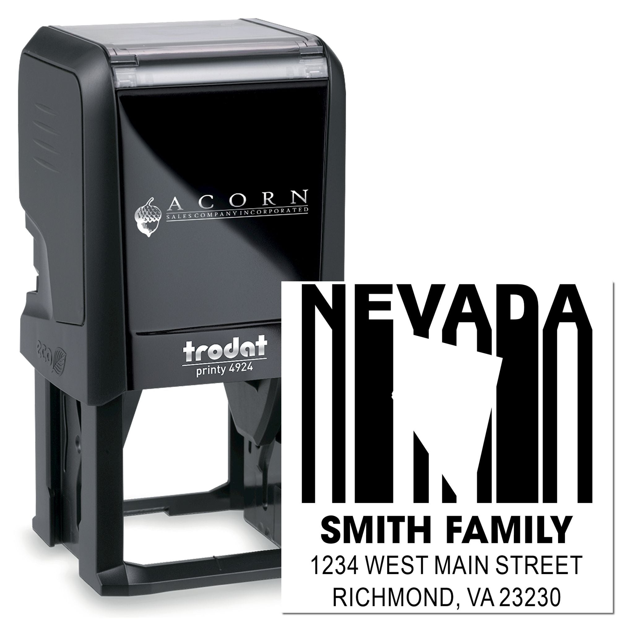 Custom Nevada self-inking rubber stamp with Smith family return address and home address, ideal for mail and envelope labeling.