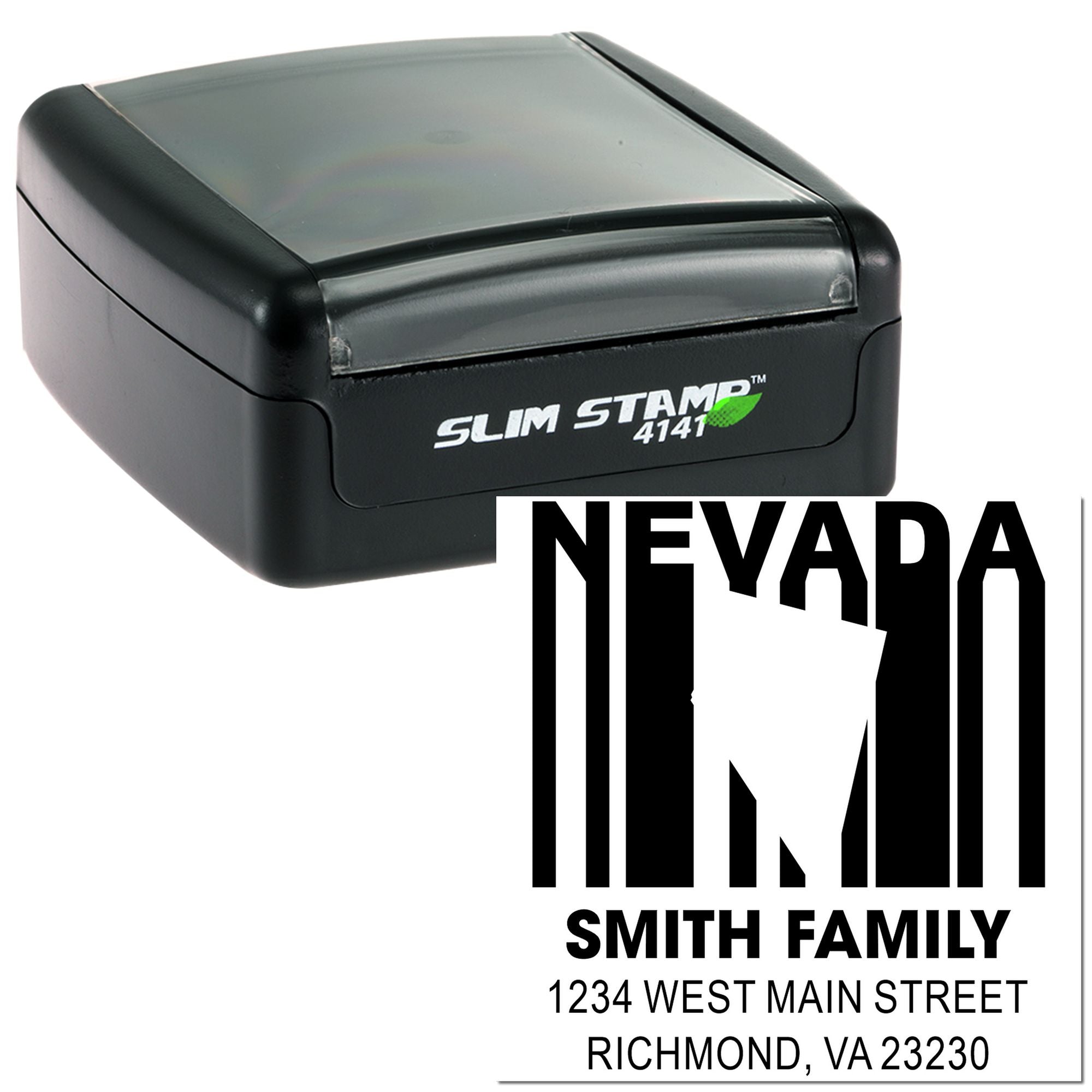 Slim Stamp 4141 self-inking rubber stamp for Nevada Smith Family address, 1234 West Main Street, Richmond, VA 23230.