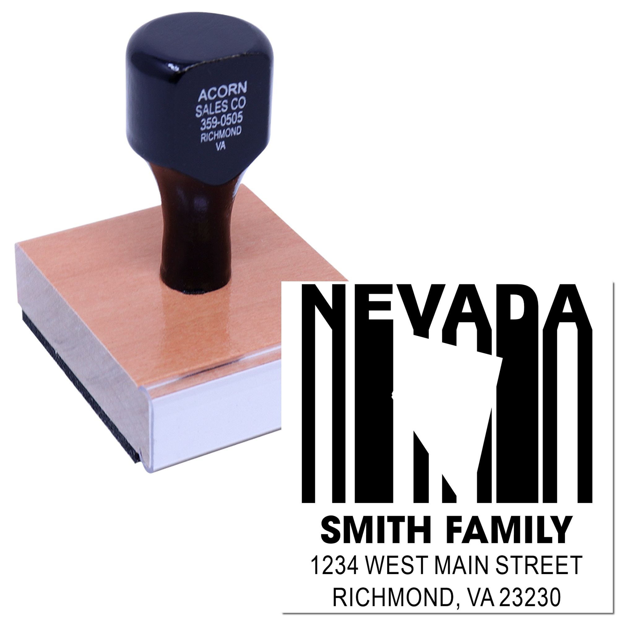 Custom Nevada return address rubber stamp with Smith Family name and Richmond, VA address for personalized mailing.