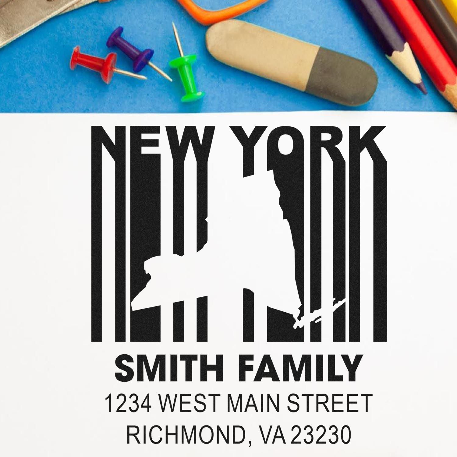 Custom New York address rubber stamp for the Smith family, featuring state silhouette and Richmond, VA 23230 address.