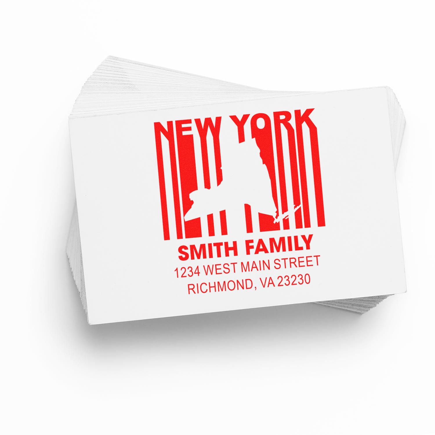 Custom New York return address rubber stamp for Smith family with personalized mailing address and skyline design.