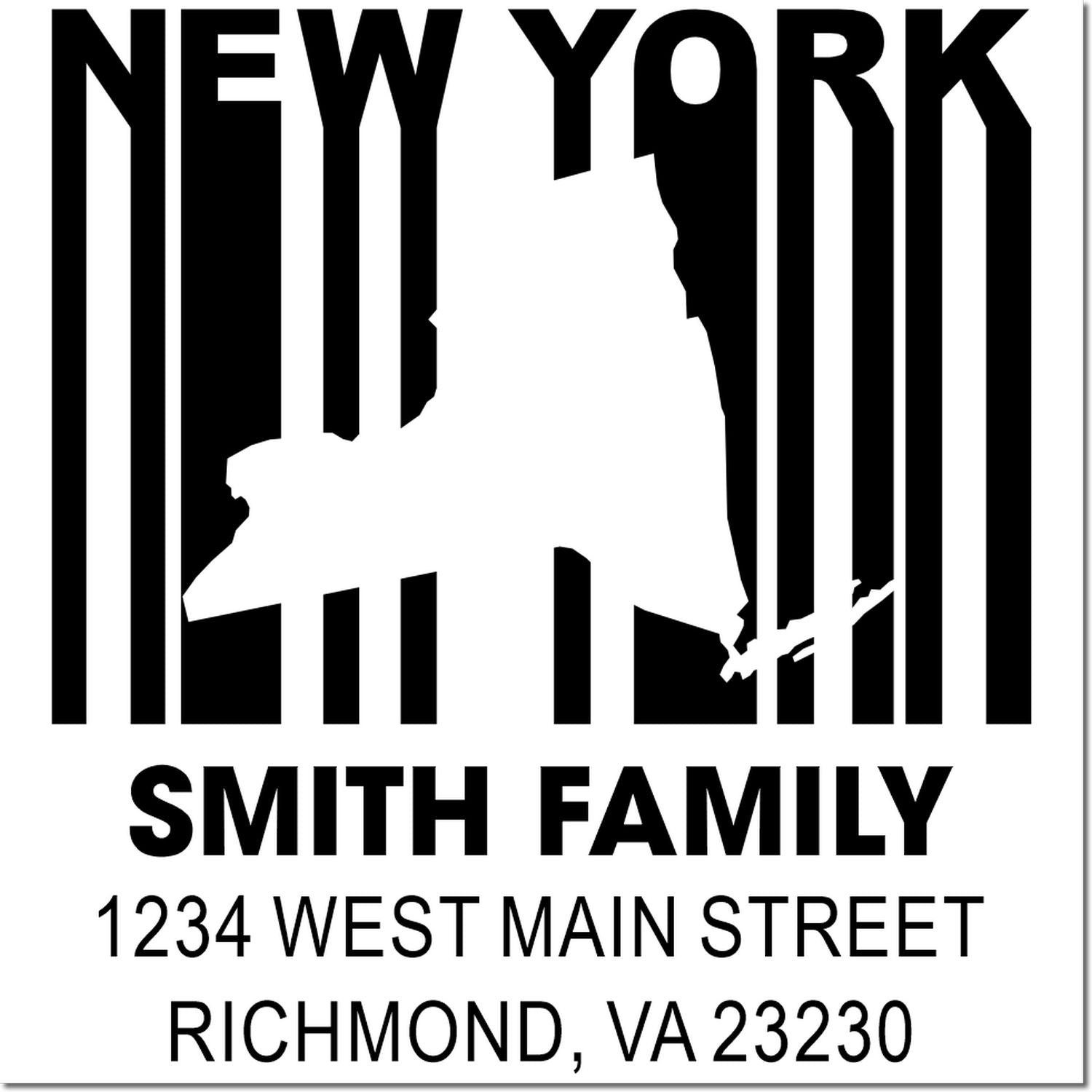 Custom New York family return address rubber stamp with state silhouette, Smith Family, 1234 West Main Street, Richmond, VA 23230.