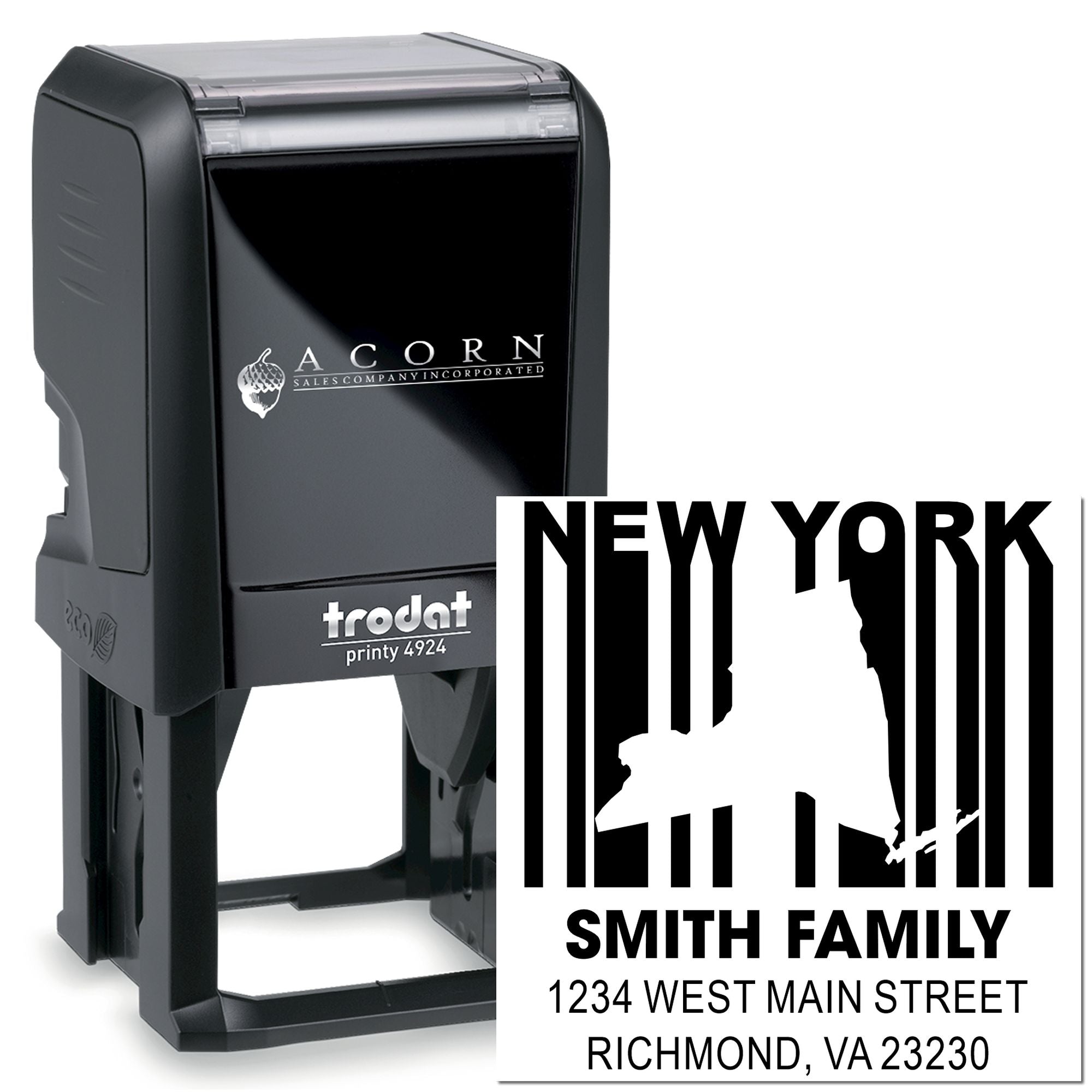 Custom self-inking rubber return address stamp featuring New York skyline and Smith family address for envelopes.