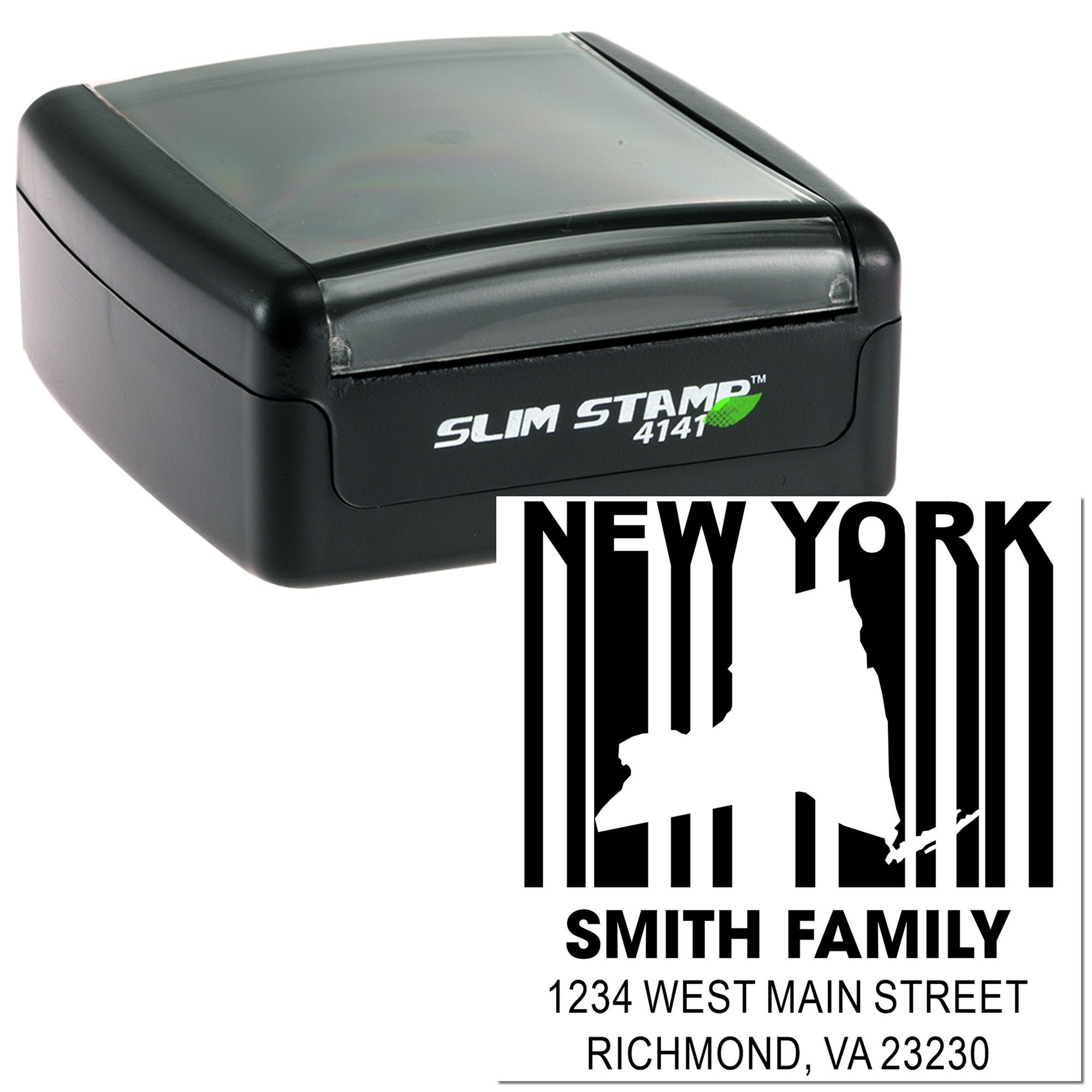 Custom self-inking rubber stamp with New York skyline design for Smith family return address and mailing labels.