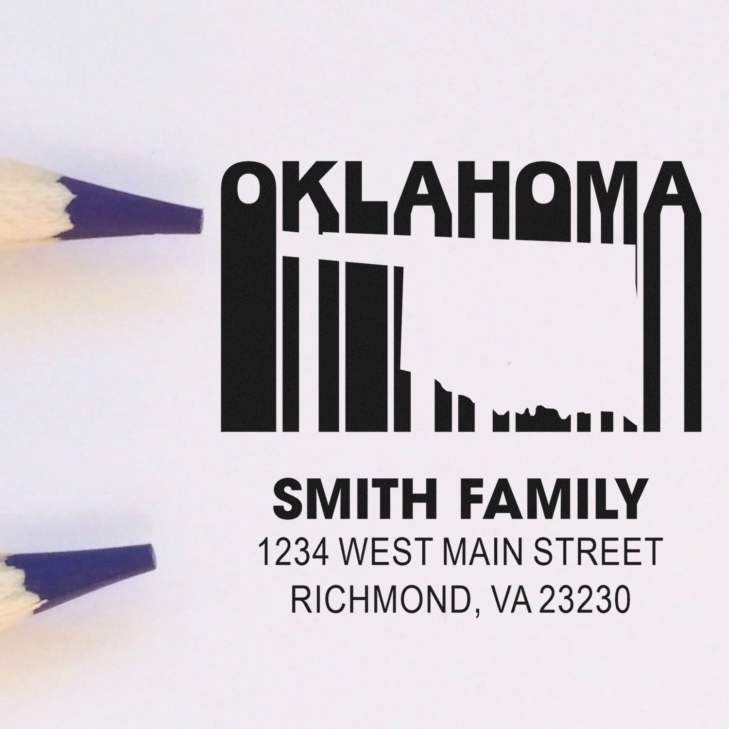 Custom Oklahoma skyline address rubber stamp for Smith Family, Richmond VA return address design.