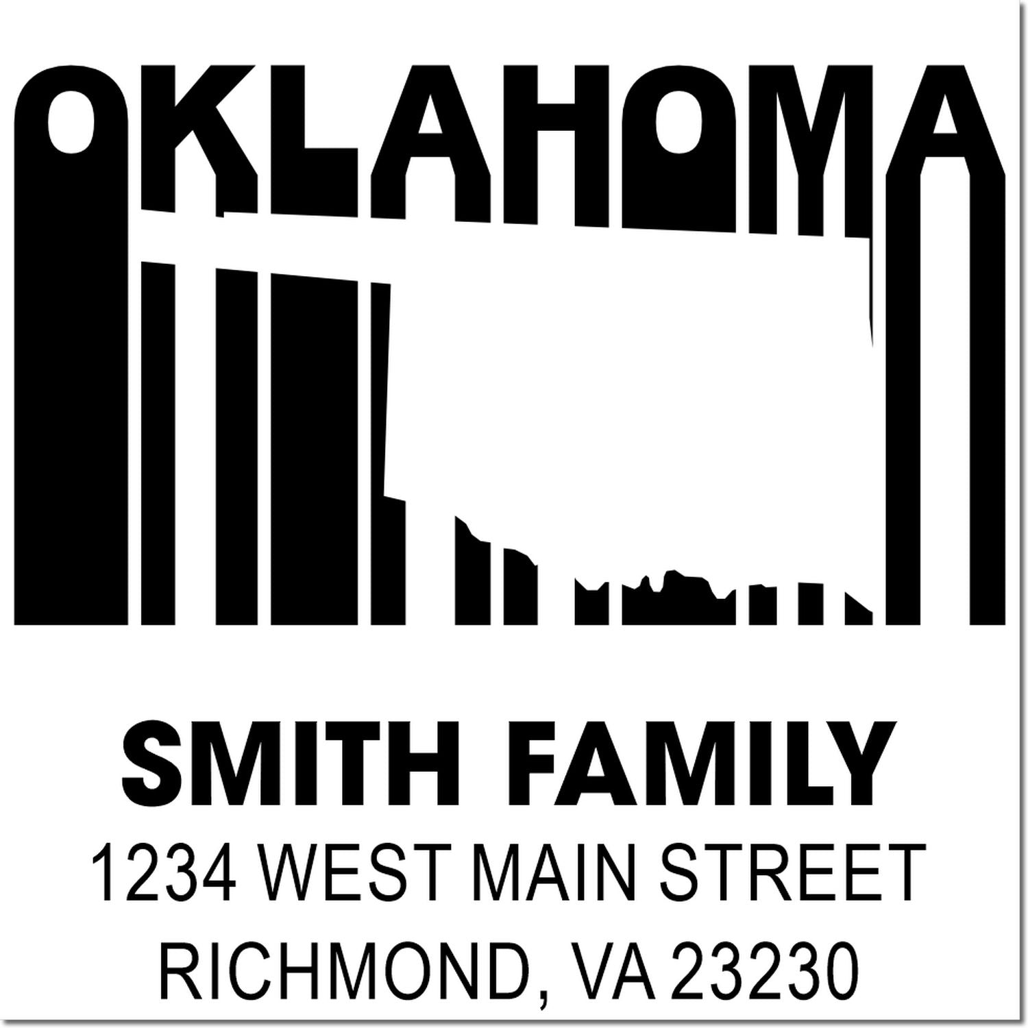 Custom Oklahoma family address rubber stamp with Smith Family, 1234 West Main Street, Richmond, VA 23230