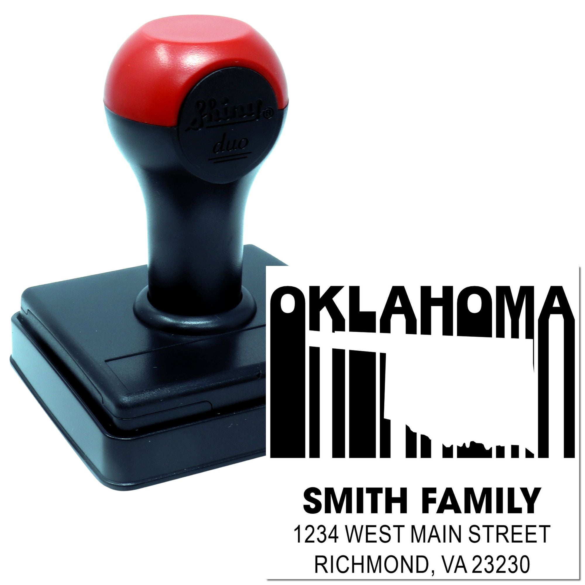 Self-inking custom address rubber stamp with Oklahoma skyline and Smith Family return address design
