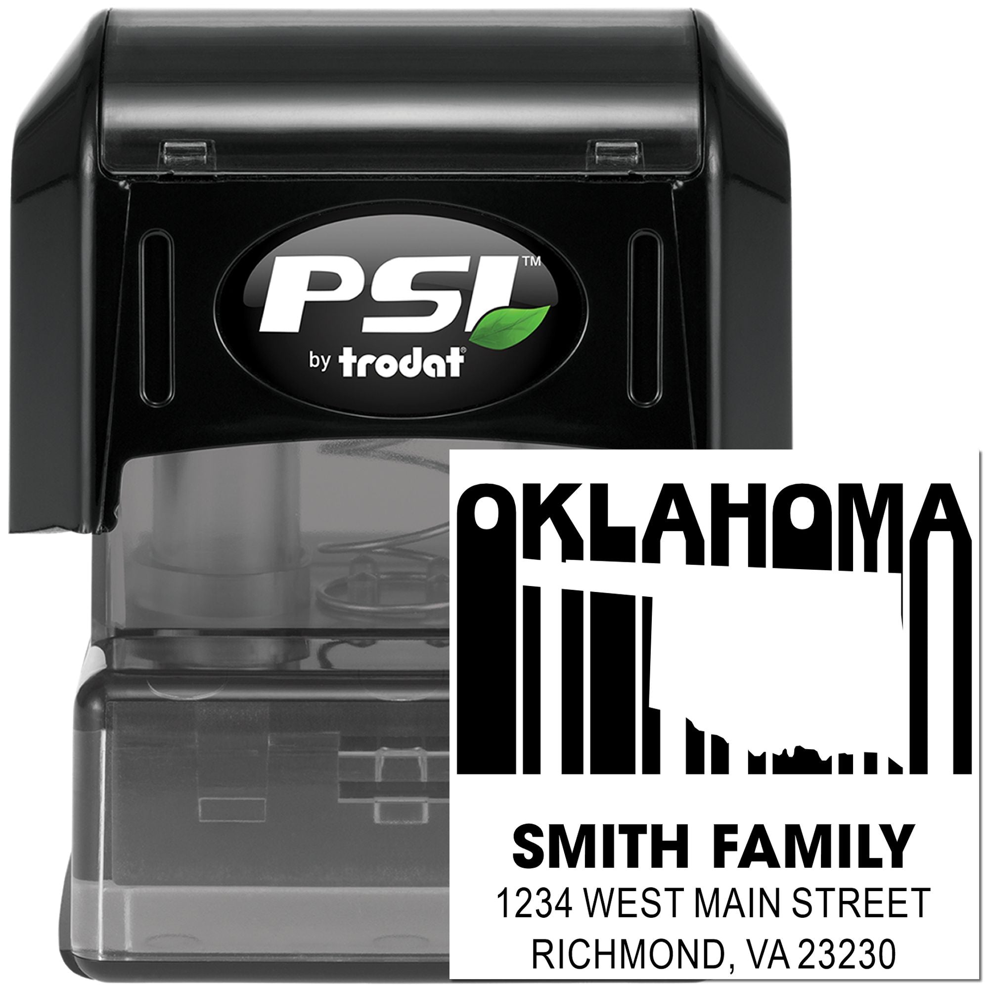 Custom self-inking Oklahoma skyline address stamp for the Smith family, with Richmond, VA return address.