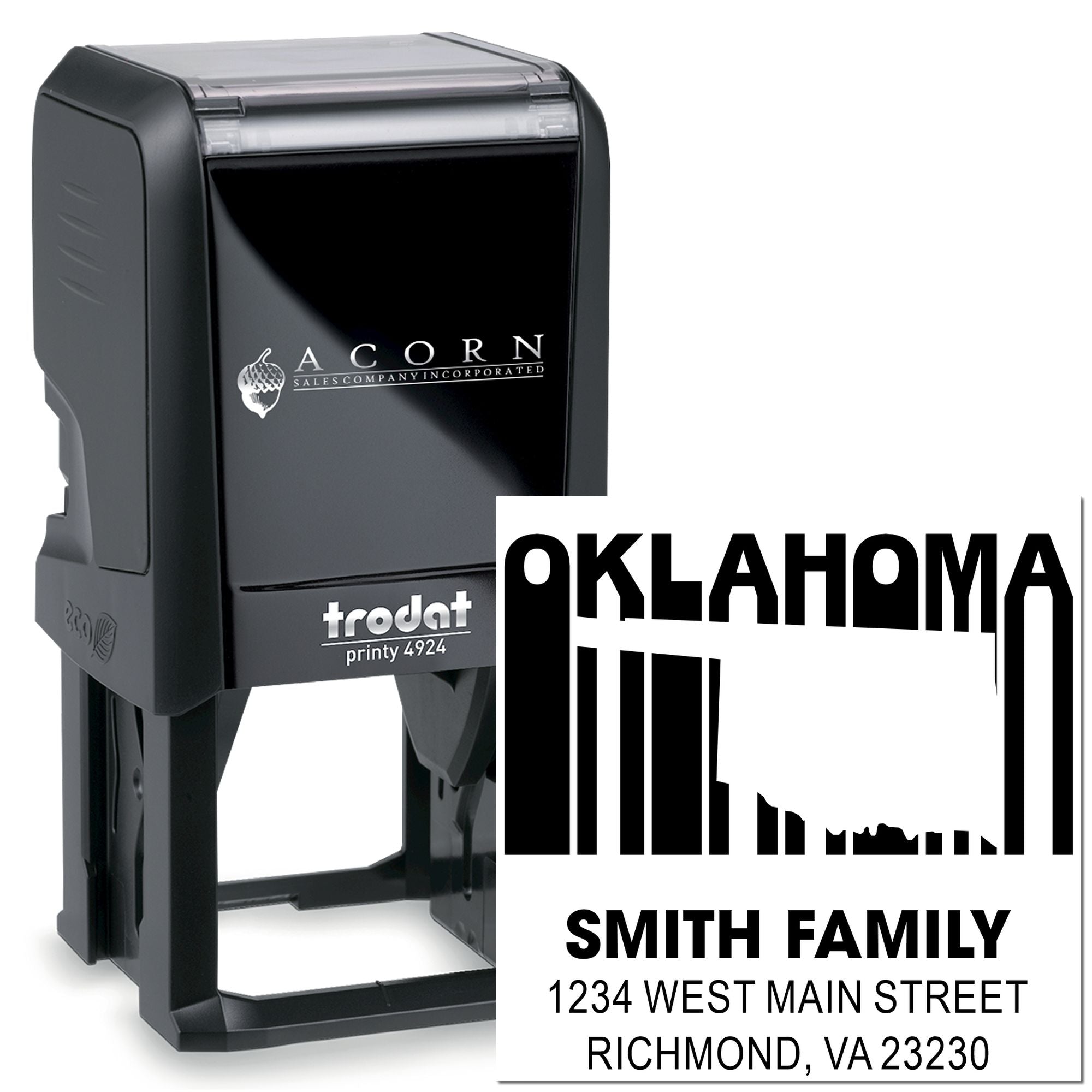 Custom Oklahoma self-inking rubber stamp with skyline design for Smith Family return address and mailing use