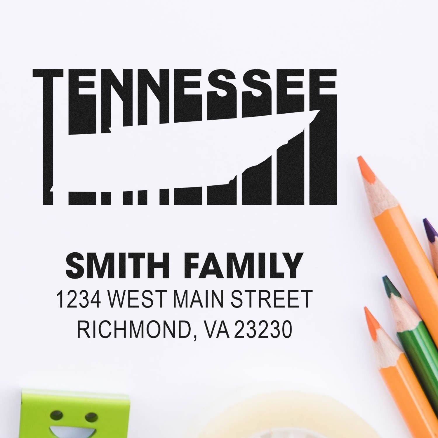 Tennessee custom return address rubber stamp with Smith Family name and Richmond, VA mailing address.