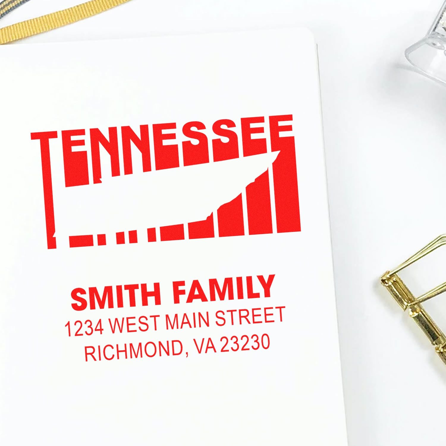 Custom Tennessee return address rubber stamp featuring Smith family name and Richmond, VA mailing address
