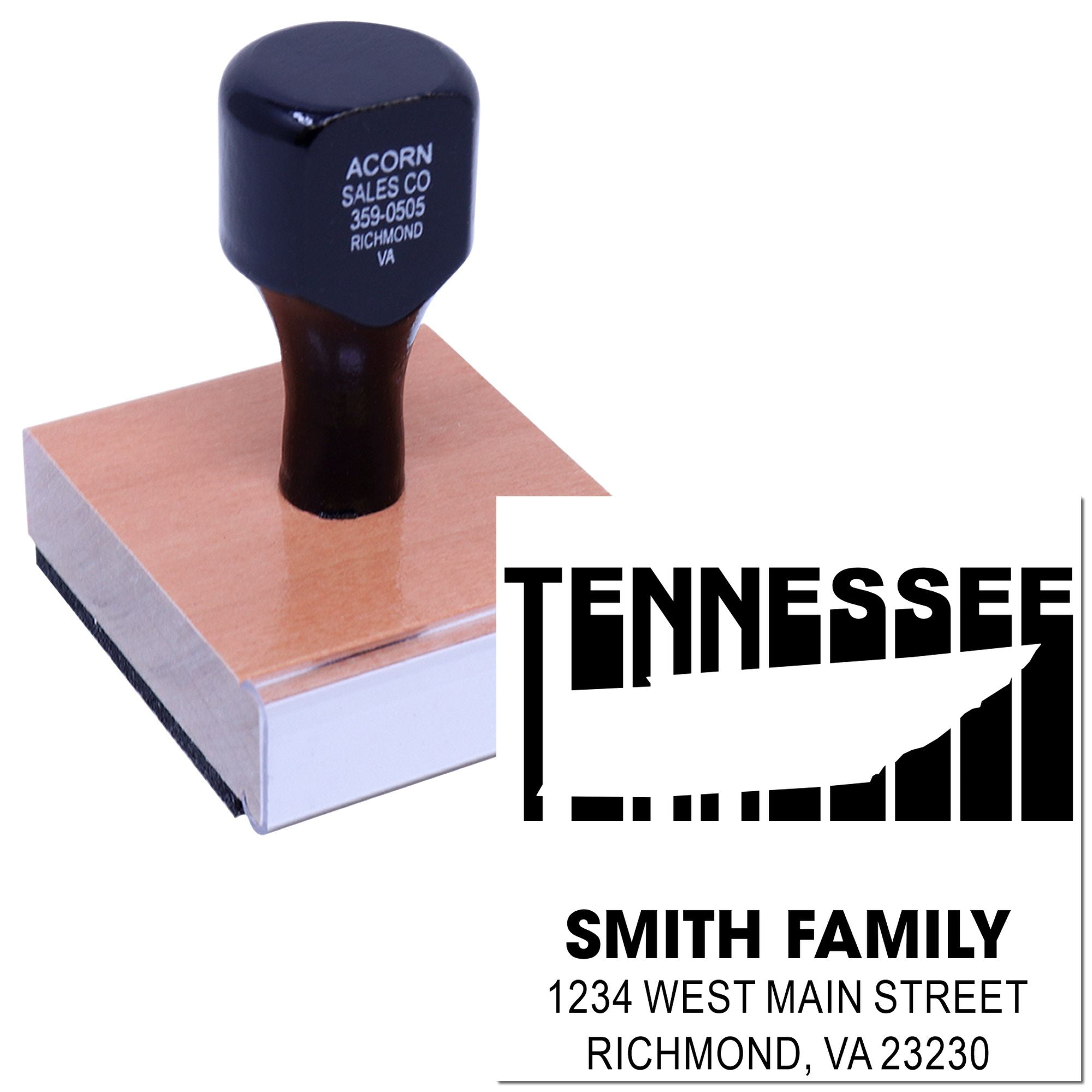 Custom Tennessee address rubber stamp with Smith Family name and Richmond, VA 23230 mailing address.