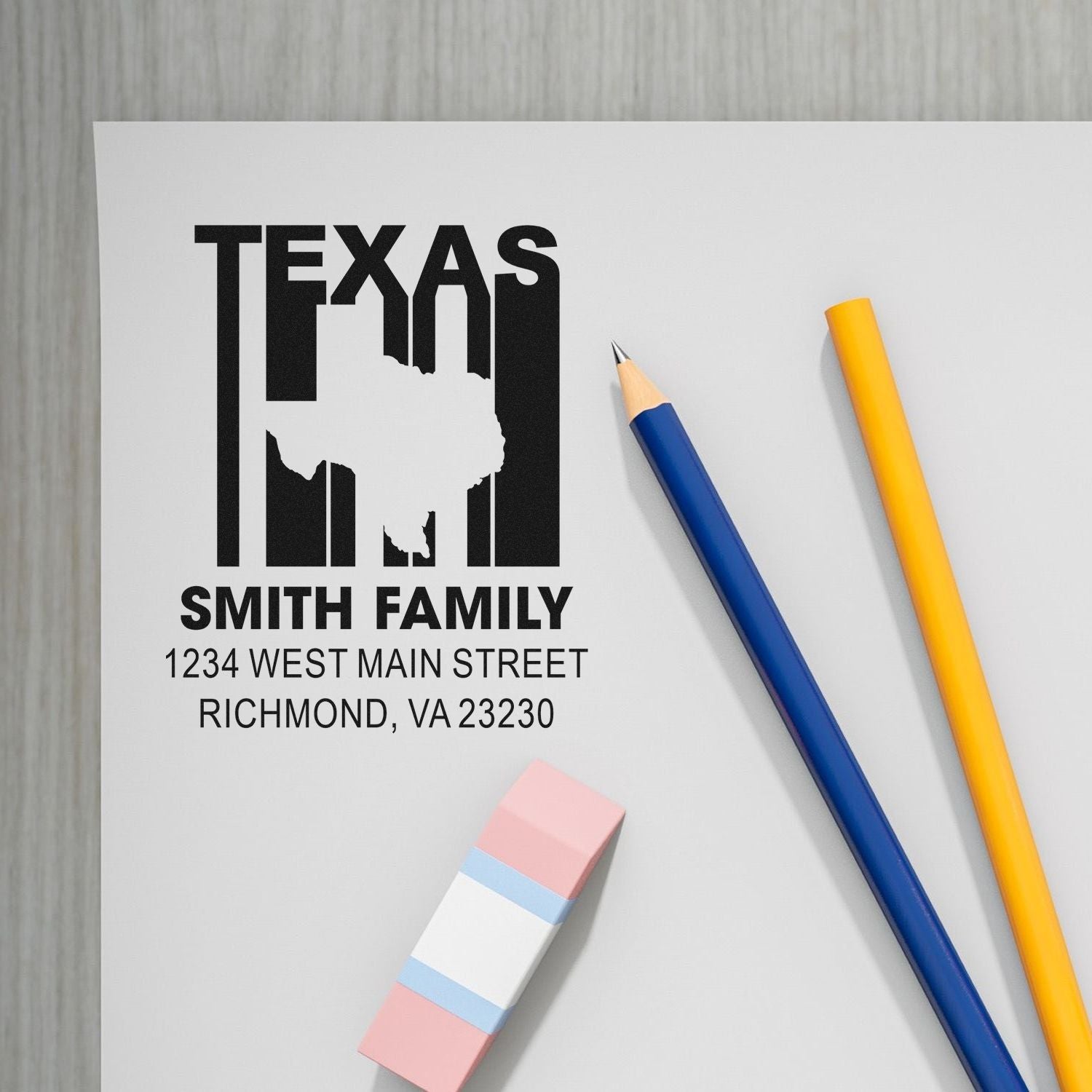 Custom Texas family return address rubber stamp with state silhouette, Smith Family name, and Richmond, VA address.