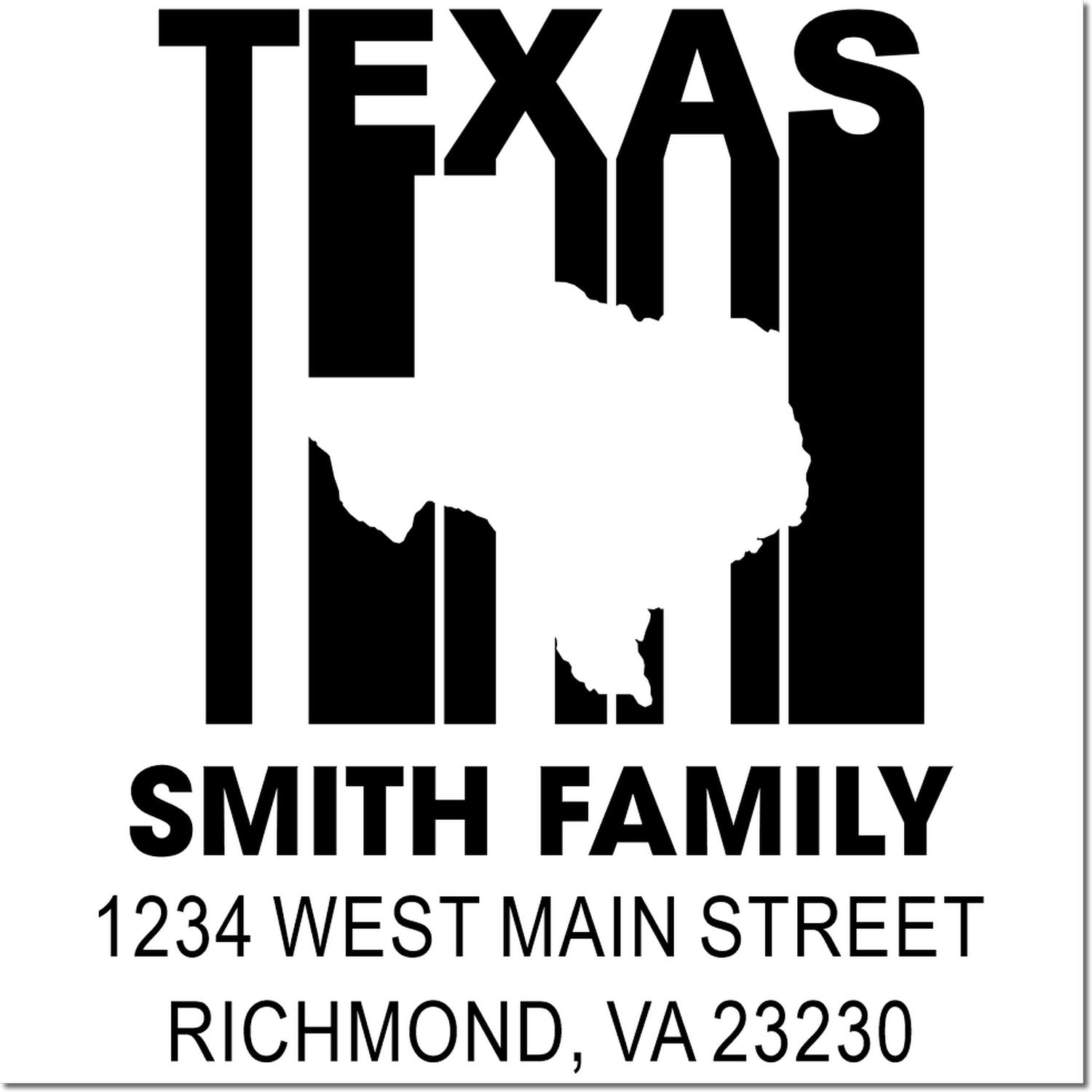 Custom Texas family return address rubber stamp with Smith Family, 1234 West Main Street, Richmond, VA 23230.